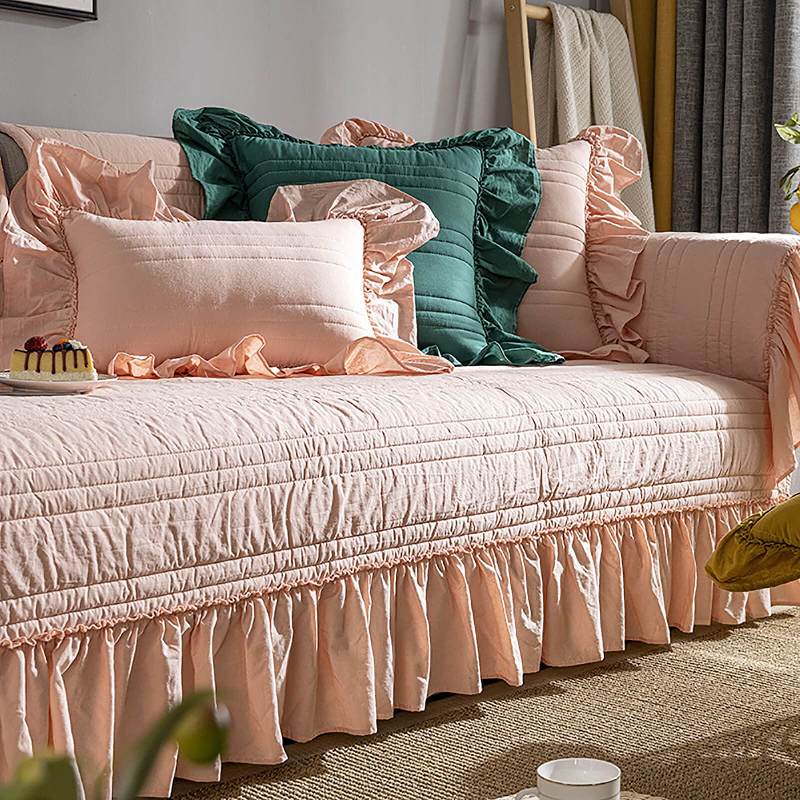 Soft Cotton Sofa Cover for 3-Cushion Couch & Sectional Sofa - Ruffled Loveseat Slipcover, Pet-Proof Furniture Protector (90x160cm, Pink) - Perfect for Living Room, Bedroom & Pet-Friendly Homes