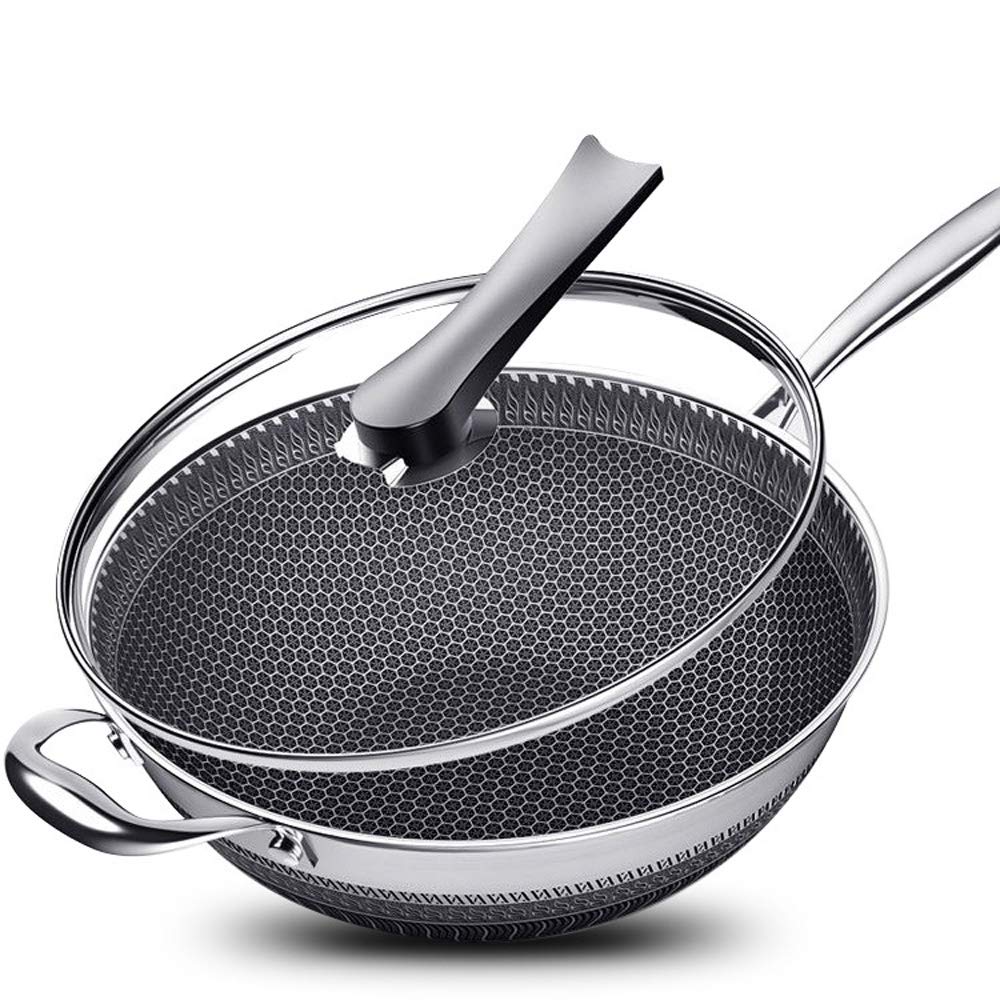 LOYALHEARTDY 34CM Stainless Steel Non Stick Frying Pan with Lid - Induction Compatible Wok for Gas, Ceramic & Electric Stoves - Perfect for Stir Fry, Sautéing & Asian Cooking