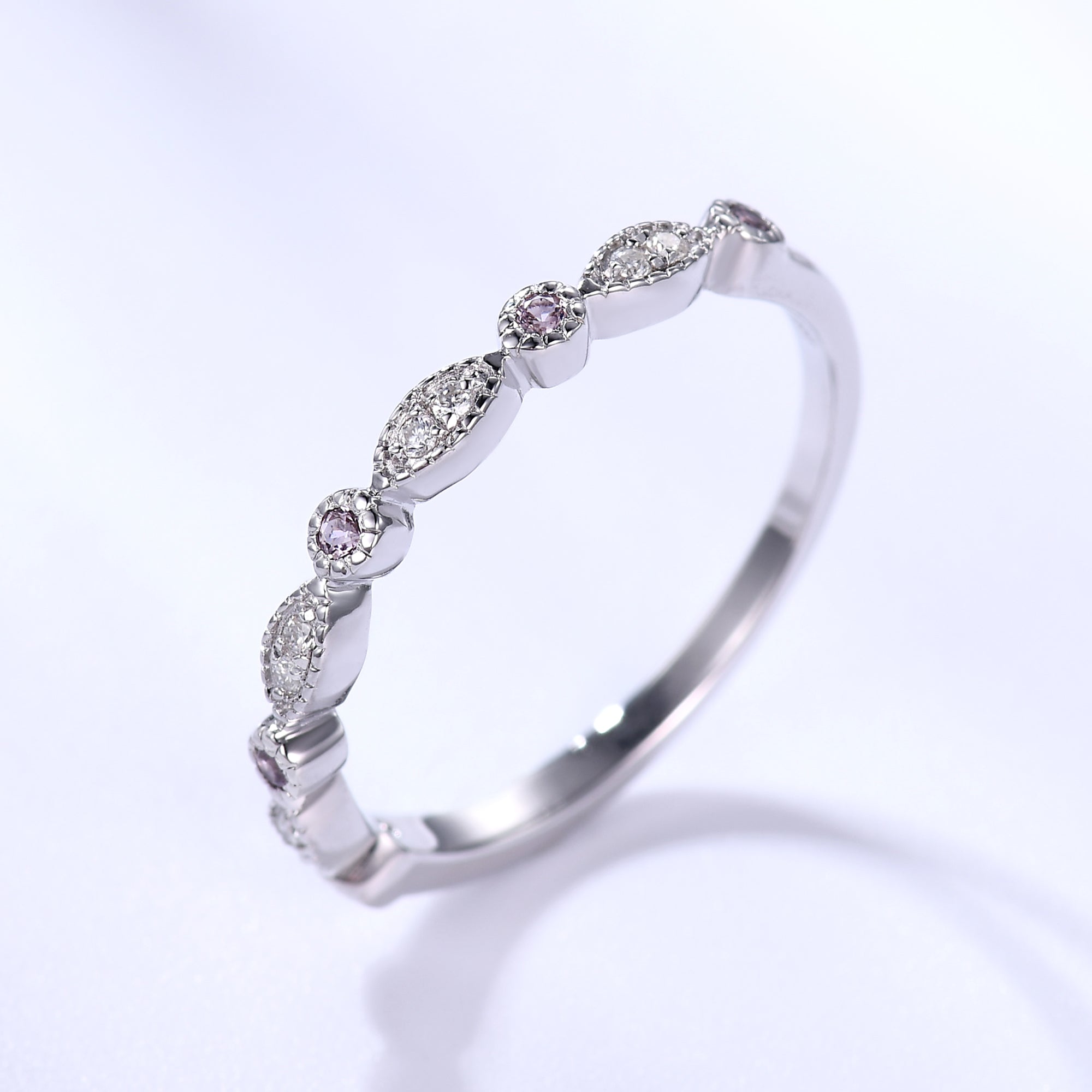 Exquisite Pink Sapphire & Diamond Wedding Ring - 14K Solid White Gold Half Eternity Band for Women | Perfect Anniversary, Engagement & Bridal Jewelry Gift for Her | Elegant for Weddings, Date Nights & Special Occasions