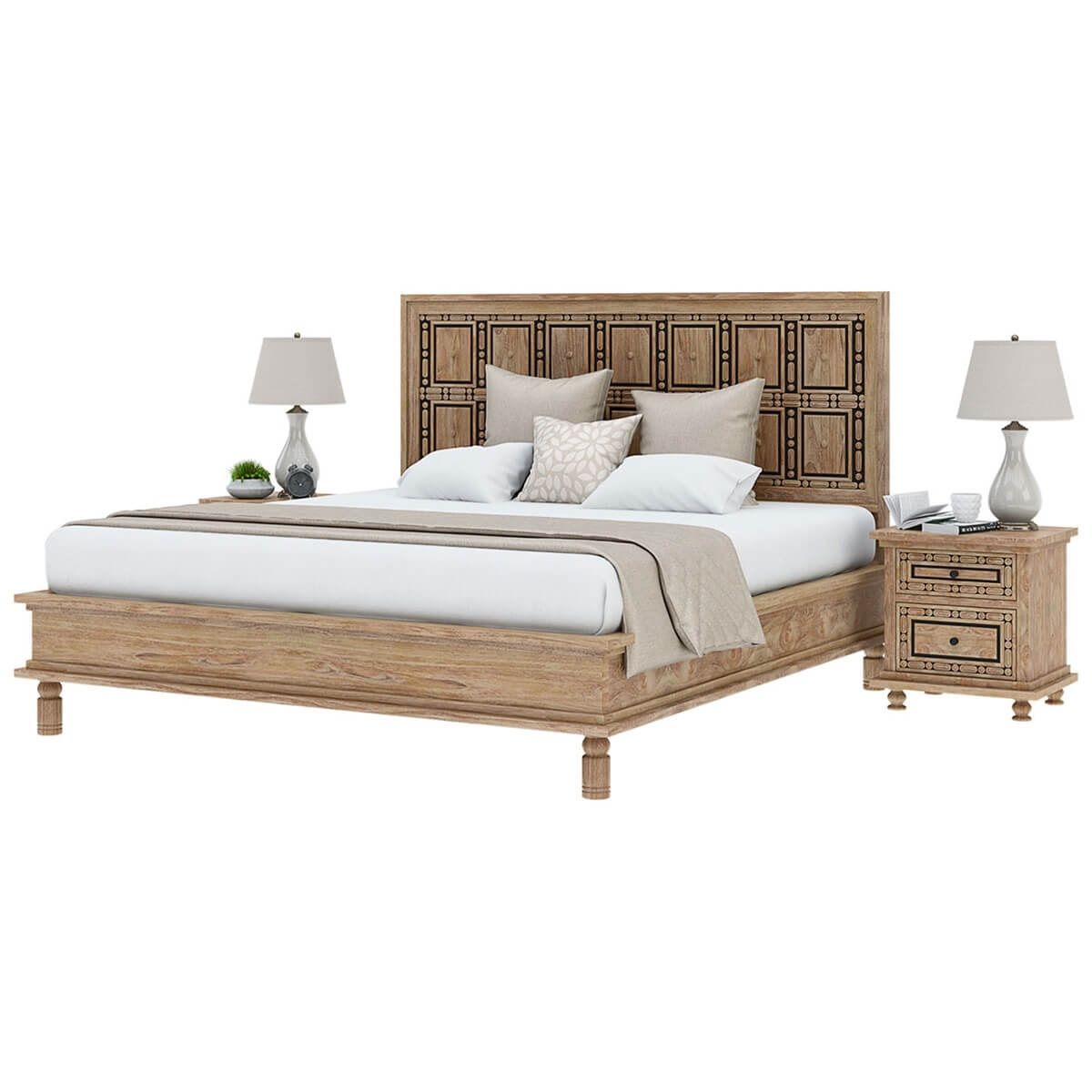 Hand Carved Solid Wood Traditional Platform Bed with Headboard - Queen Size Wooden Bed Frame for Master Bedroom, Guest Room & Modern Home Decor