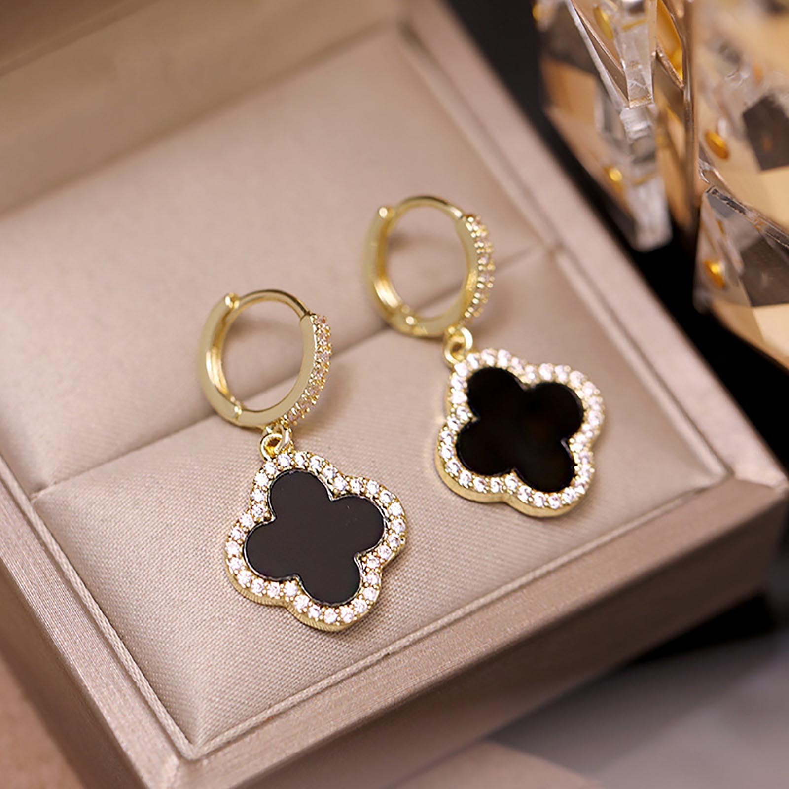 Boho Four Leaf Clover Earrings for Women - Black Crystal Clover Dangle Huggie Hoop Earrings with CZ Stones, Lucky Charm Jewelry Gift for Women and Girls | Perfect for St. Patrick's Day, Parties & Everyday Wear