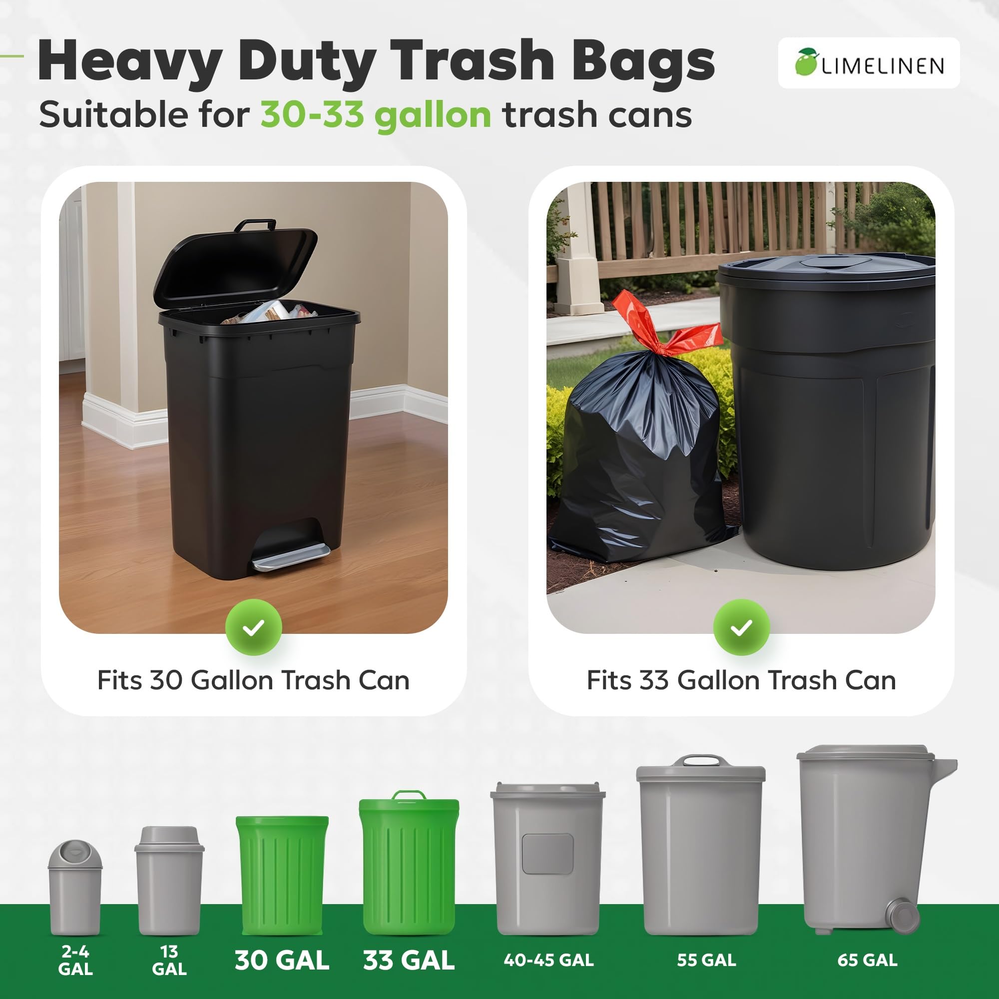 LIMELINEN 30 Gallon Heavy Duty Trash Bags - 400 Count, 1.2 Mil Extra Thick Drawstring Garbage Bags | Leak Proof & Odor Resistant | Large Plastic Bags for Office, Home, Hospital & Outdoor Bins | Perfect for Kitchen Waste, Yard Cleanup & Commercial Use