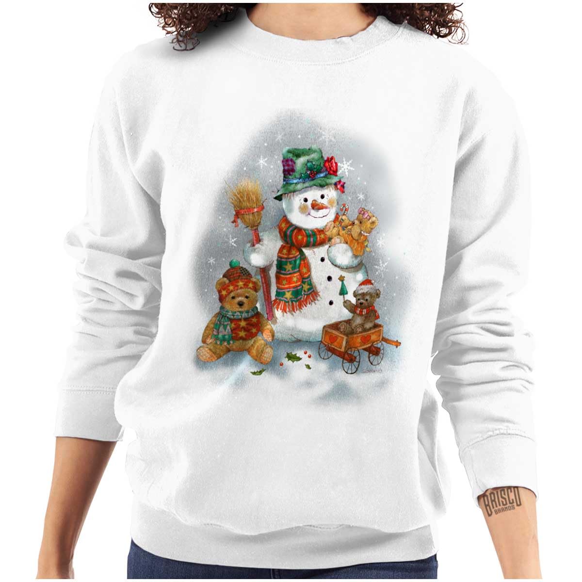 Christmas Snowman & Teddy Bear Women's Crewneck Sweatshirt - Cozy Holiday Sweater for Winter Parties, Gift Exchange & Family Gatherings