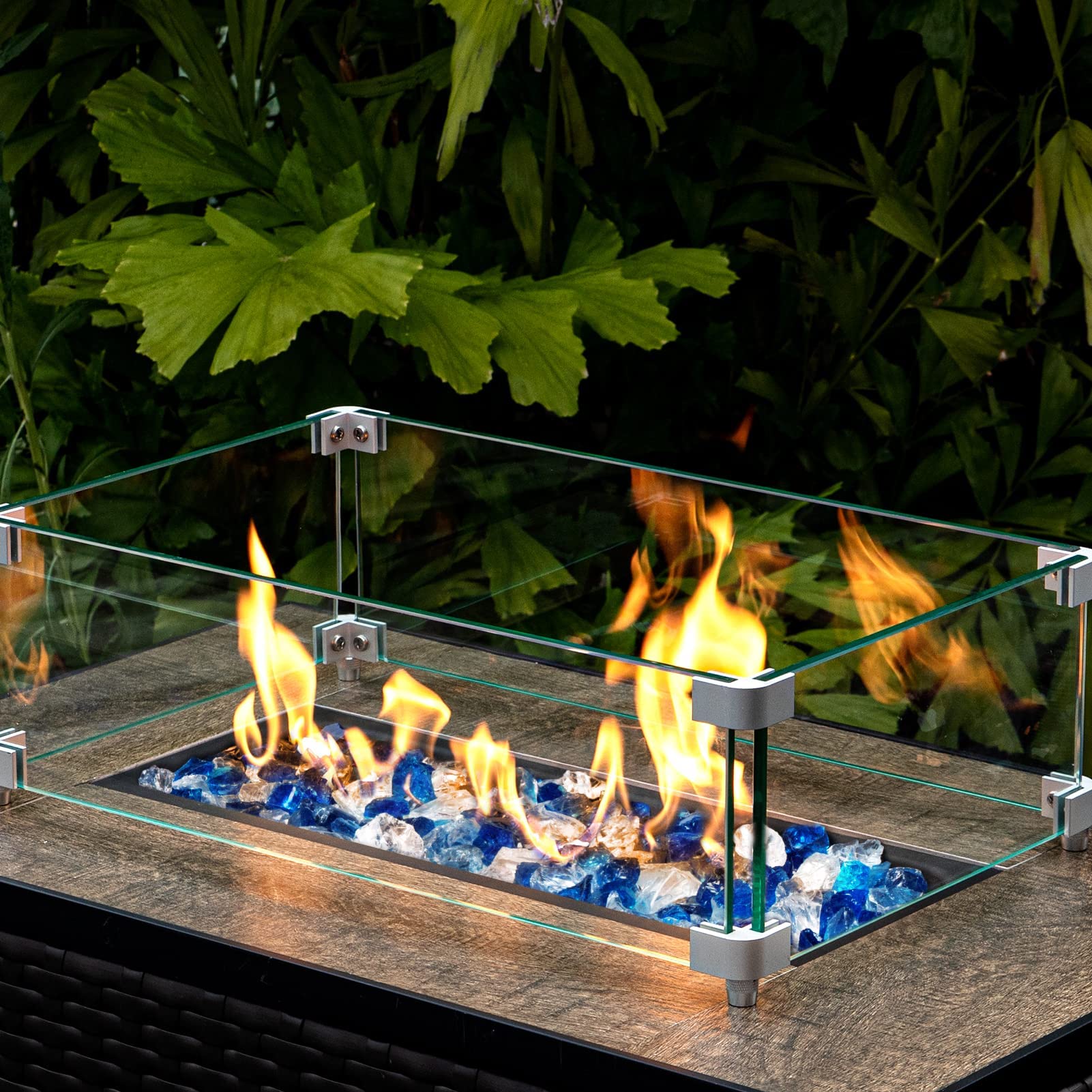 GASPRO 17.5 Inch Square Fire Pit Wind Guard with 10LB High Luster Bahama Blend Fire Glass - Outdoor Patio Fireplace Accessory for Backyard, Garden & Camping