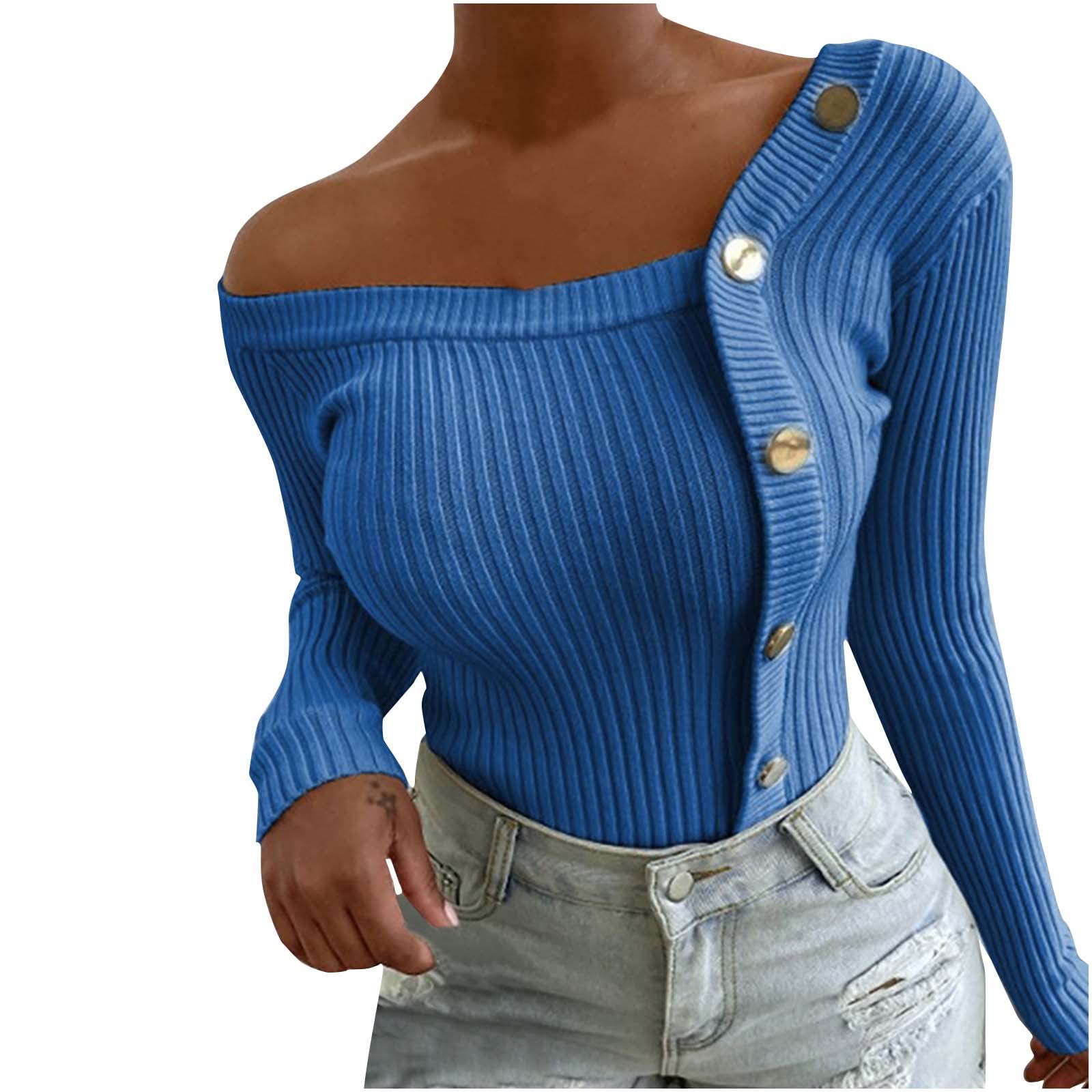 Women's One Shoulder V-Neck Long Sleeve Button Down Top - Slim Fit Waffle Knit Sweater Jumper for Casual Wear, Office & Date Night Outfits