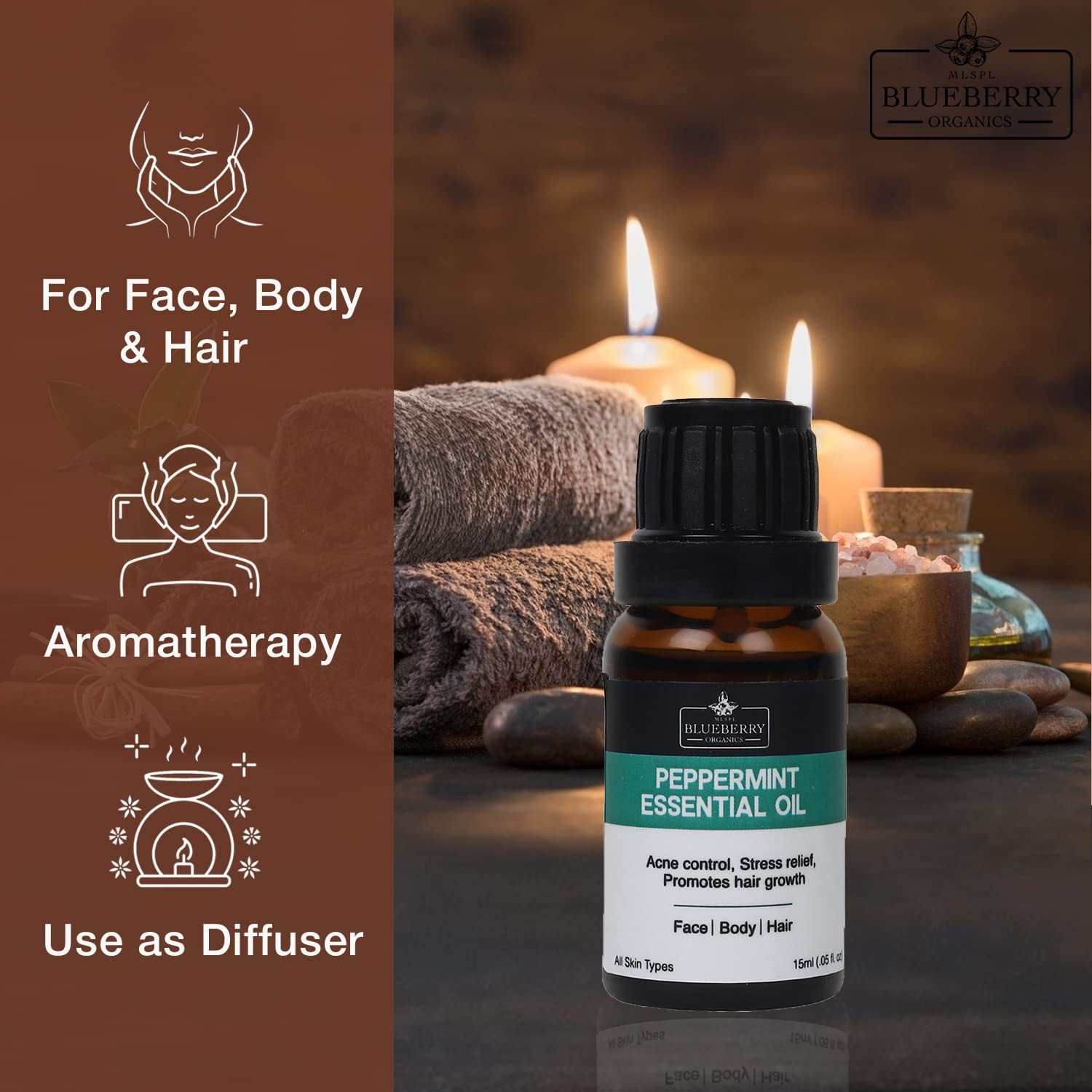 Organic Peppermint Essential Oil for Skin & Hair - 100% Pure Natural Aromatherapy Oil - 15ml Bottle for Relaxation, Stress Relief & DIY Beauty Products