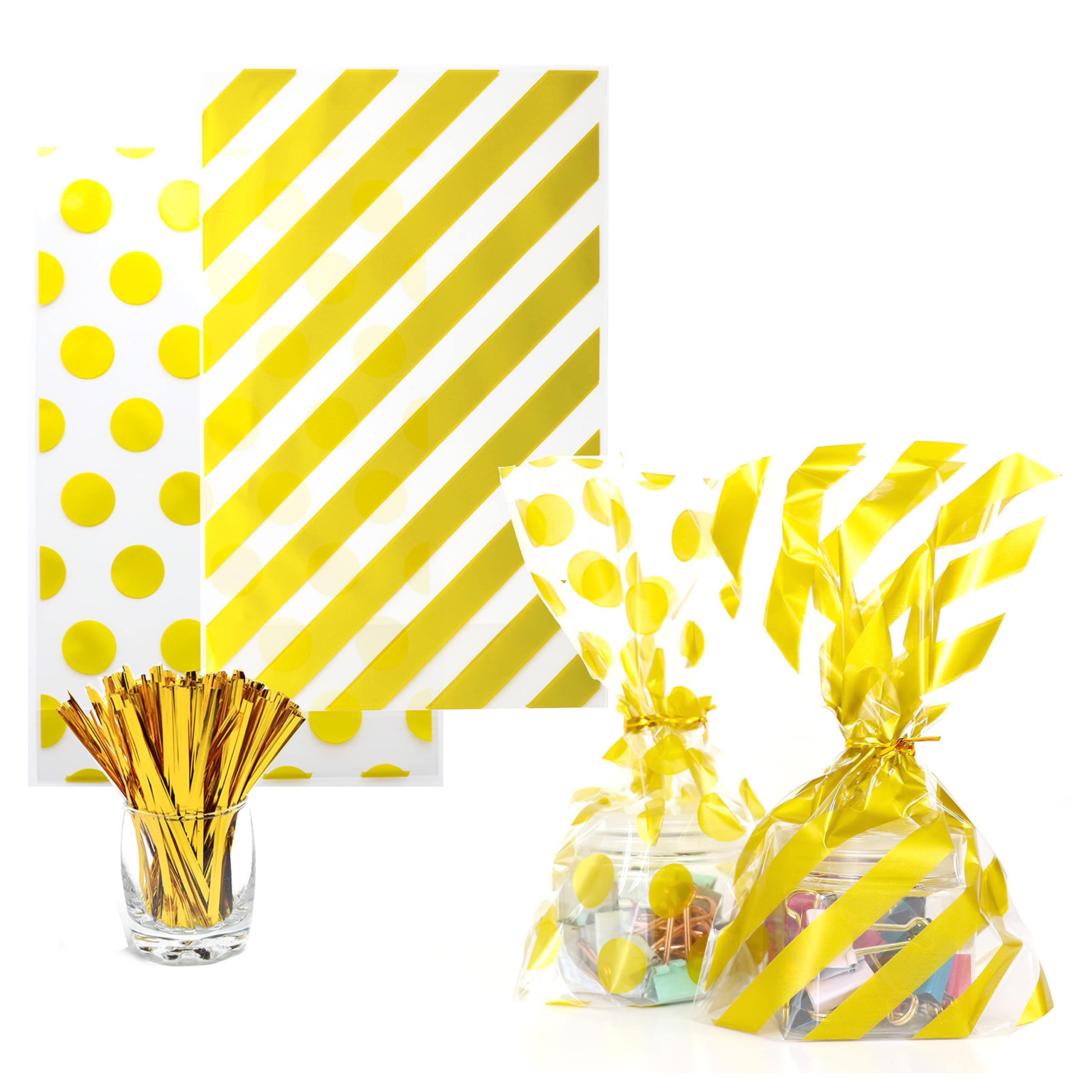 100pcs Gold Polka Dot & Striped Cellophane Candy Bags with Twist Ties - 5