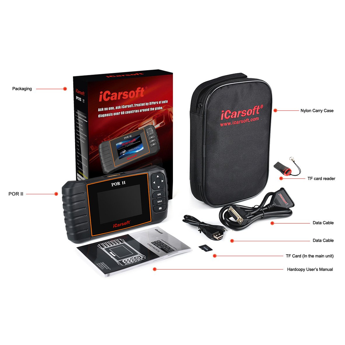 iCarsoft POR-II Porsche OBD2 Scanner Tool - Professional Diagnostic Scan Tool for Porsche Vehicles with ABS, SRS, Engine & Transmission Systems | Perfect for DIY Mechanics & Auto Repair Shops