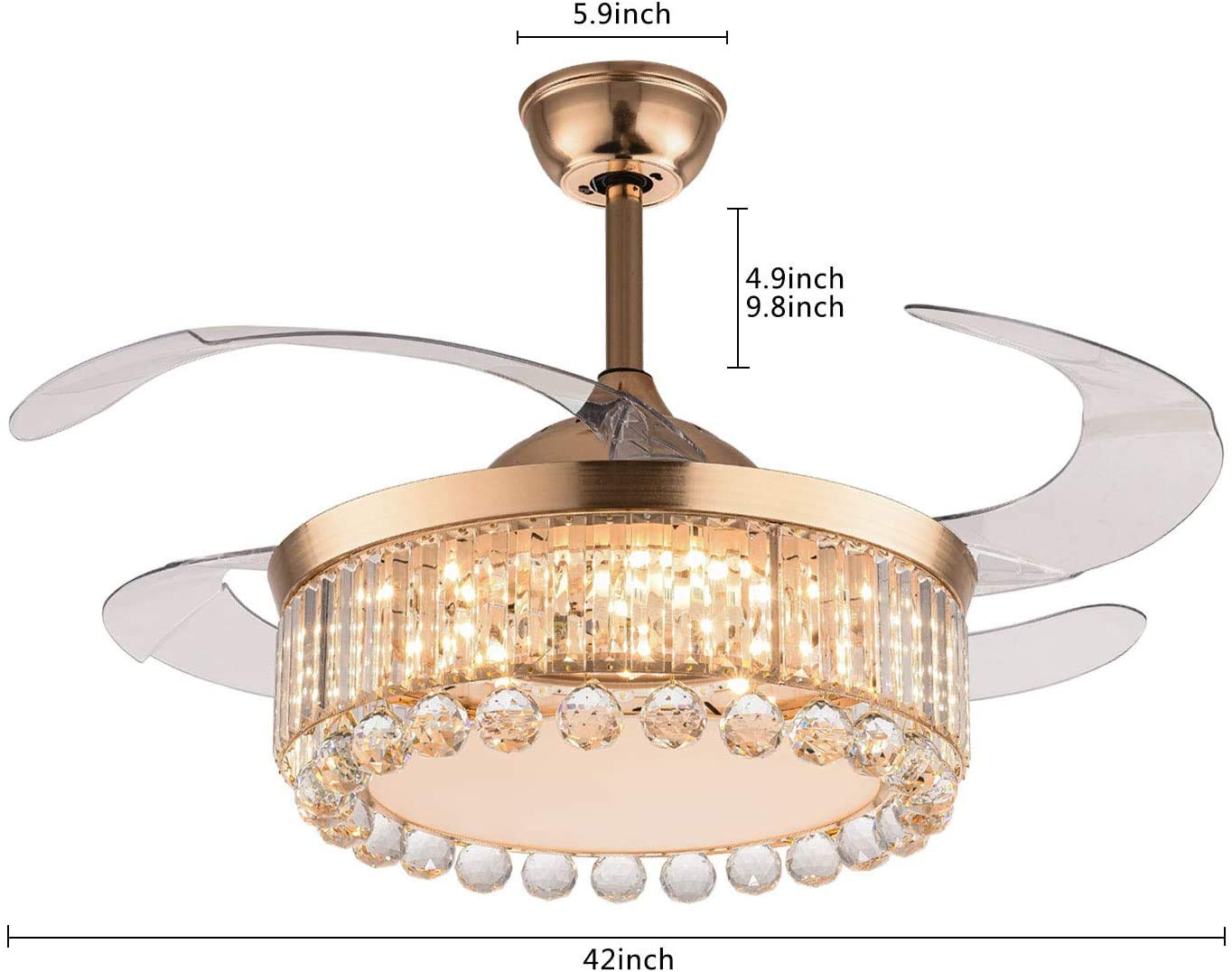 42 Inch Modern Crystal Ceiling Fan with LED Light and Remote Control - Retractable Blades, Chandelier Style for Bedroom, Living Room & Dining Room - Perfect for Home Cooling and Elegant Lighting Decor