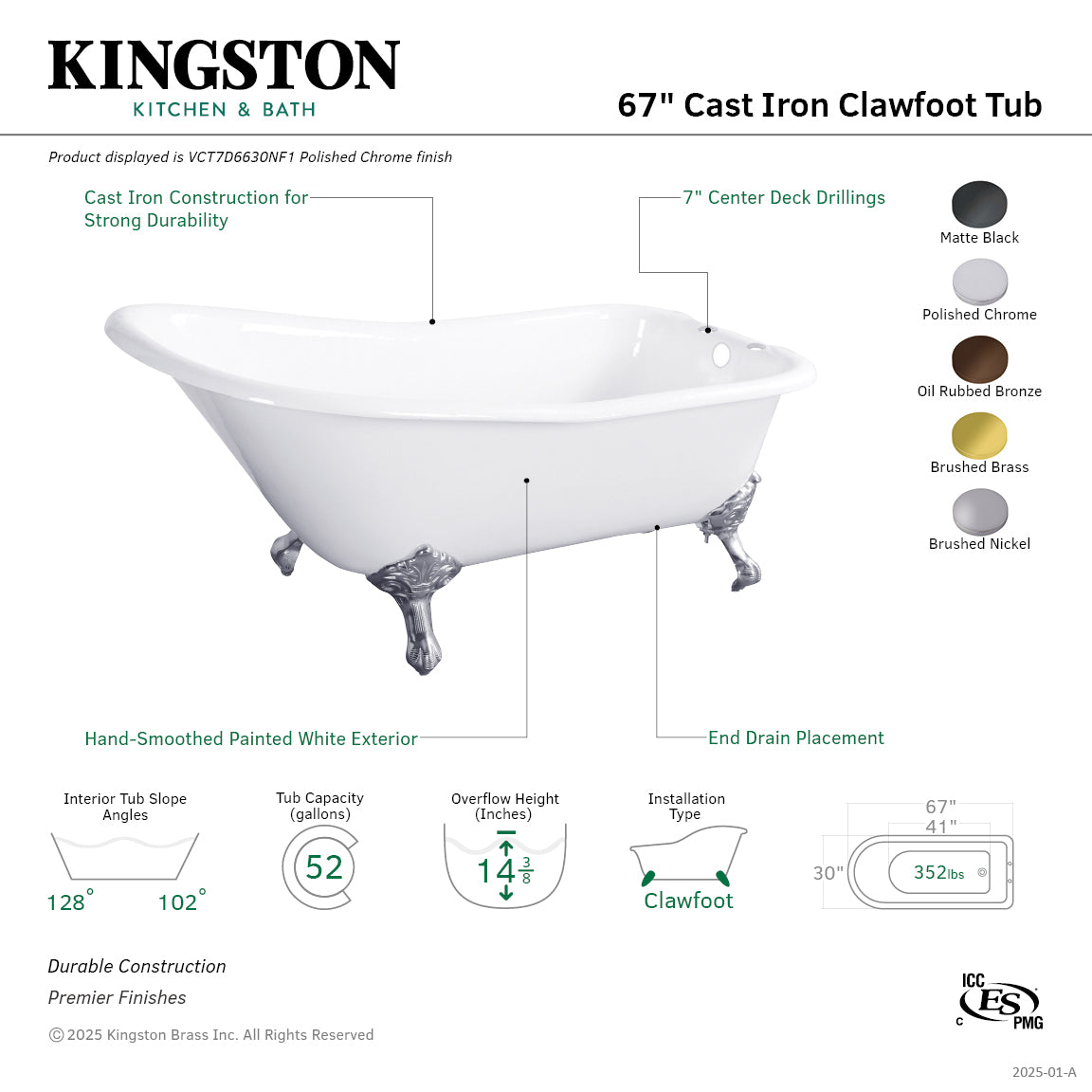 Aqua Eden 67 Inch White Cast Iron Clawfoot Bathtub with Brushed Brass Faucet - Classic Flat Rim Single Slipper Tub (7 Inch Faucet Drillings) - Perfect for Vintage Bathroom Decor & Spa-Like Relaxation