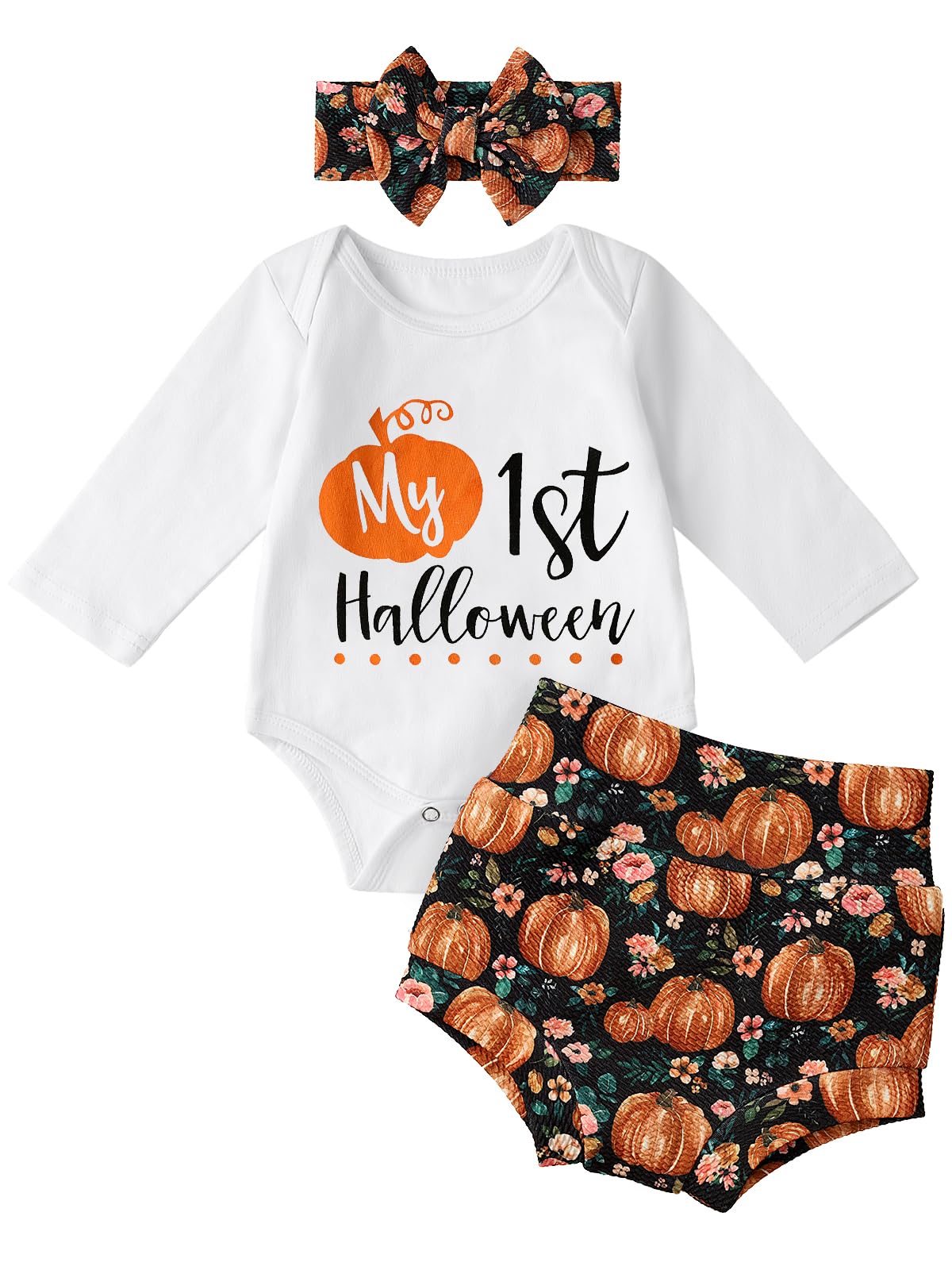 Baby Girl Halloween Outfit Set - Letter Print Long Sleeve Romper with Shorts & Headband | Cute First Halloween Costume for Infants & Toddlers | Perfect for Trick-or-Treating, Photo Shoots & Halloween Parties