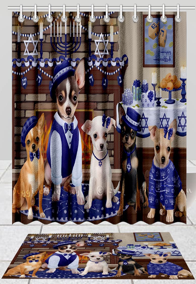Happy Hanukkah Family Chihuahua Dogs Bath Mat & Shower Curtain Set - Non-Slip Bathroom Decor, Plush Rug & Polyester Bathtub Curtain with Hooks (Mat 16x28in, Curtain 72x84in) - Perfect for Holiday Bathroom Decor & Pet Lover Gifts
