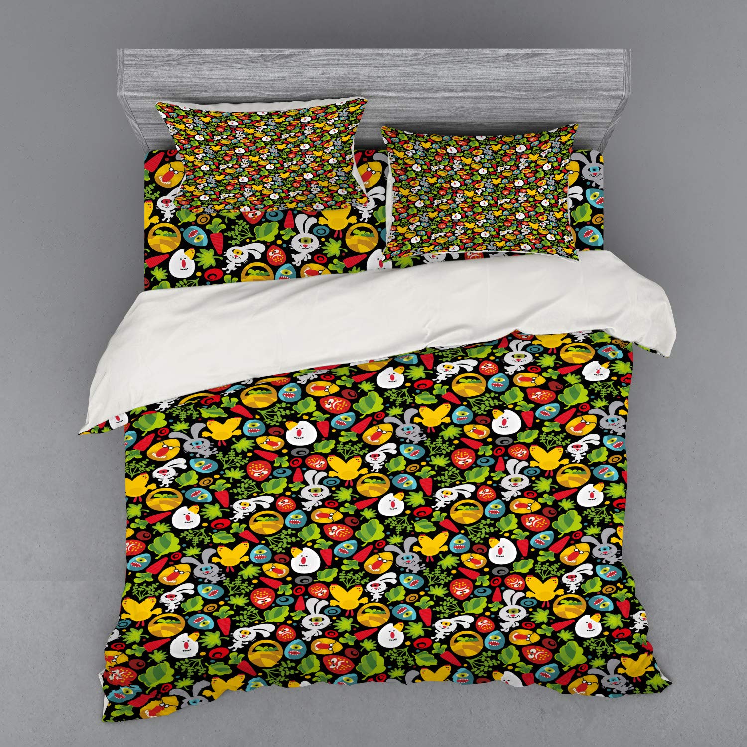 Ambesonne Easter Bedding Set - 4 Piece King Size Duvet Cover with Shams & Fitted Sheet | Cartoon Rabbit, Forest Animals & Colorful Egg Design in Charcoal Grey | Perfect for Kids' Rooms, Easter Decor & Themed Bedrooms