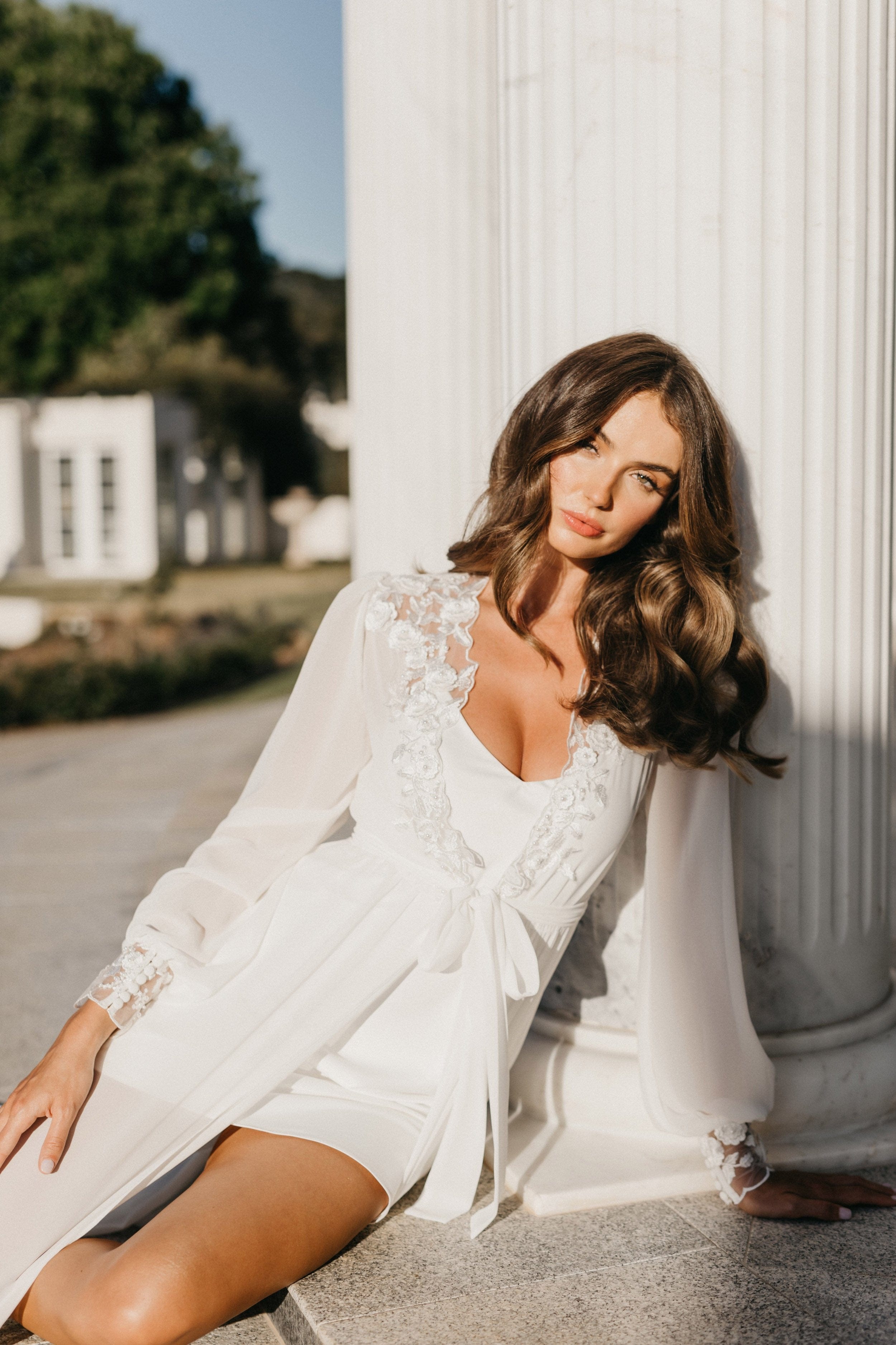 Arianna Beaded Floral Lace Maxi Bridal Robe with Train & Slip - Elegant Wedding Gown for Bridal Shower, Photoshoot & Reception - Perfect for Bride, Bridesmaids & Special Occasions
