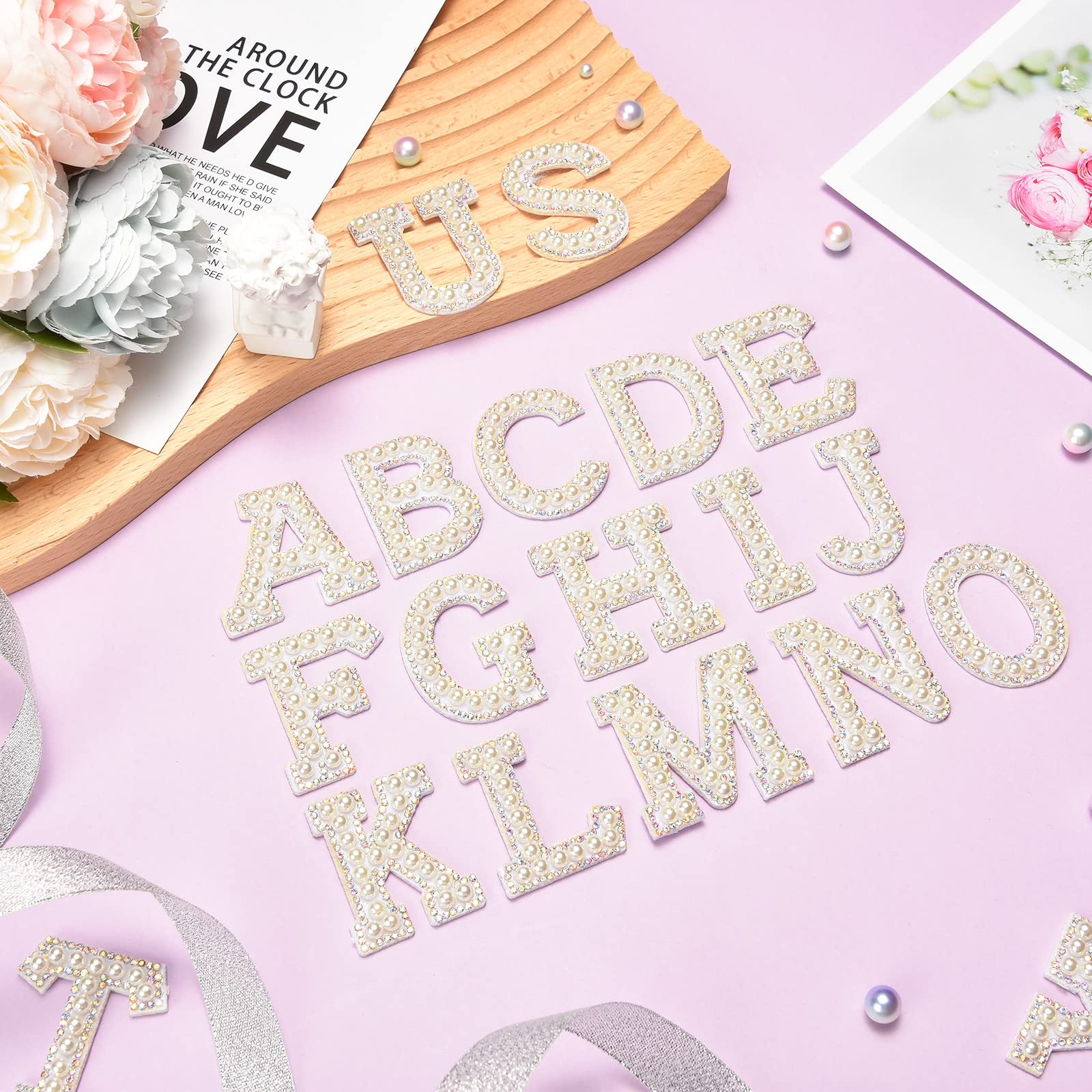 Self-Adhesive Pearl Glitter Rhinestone Letter Patches - 26Pcs A-Z Alphabet Iron-On Stickers for Clothing, Bags, Hats DIY - White Pearl Letter Decals for Fashion, Crafts & Custom Apparel Design
