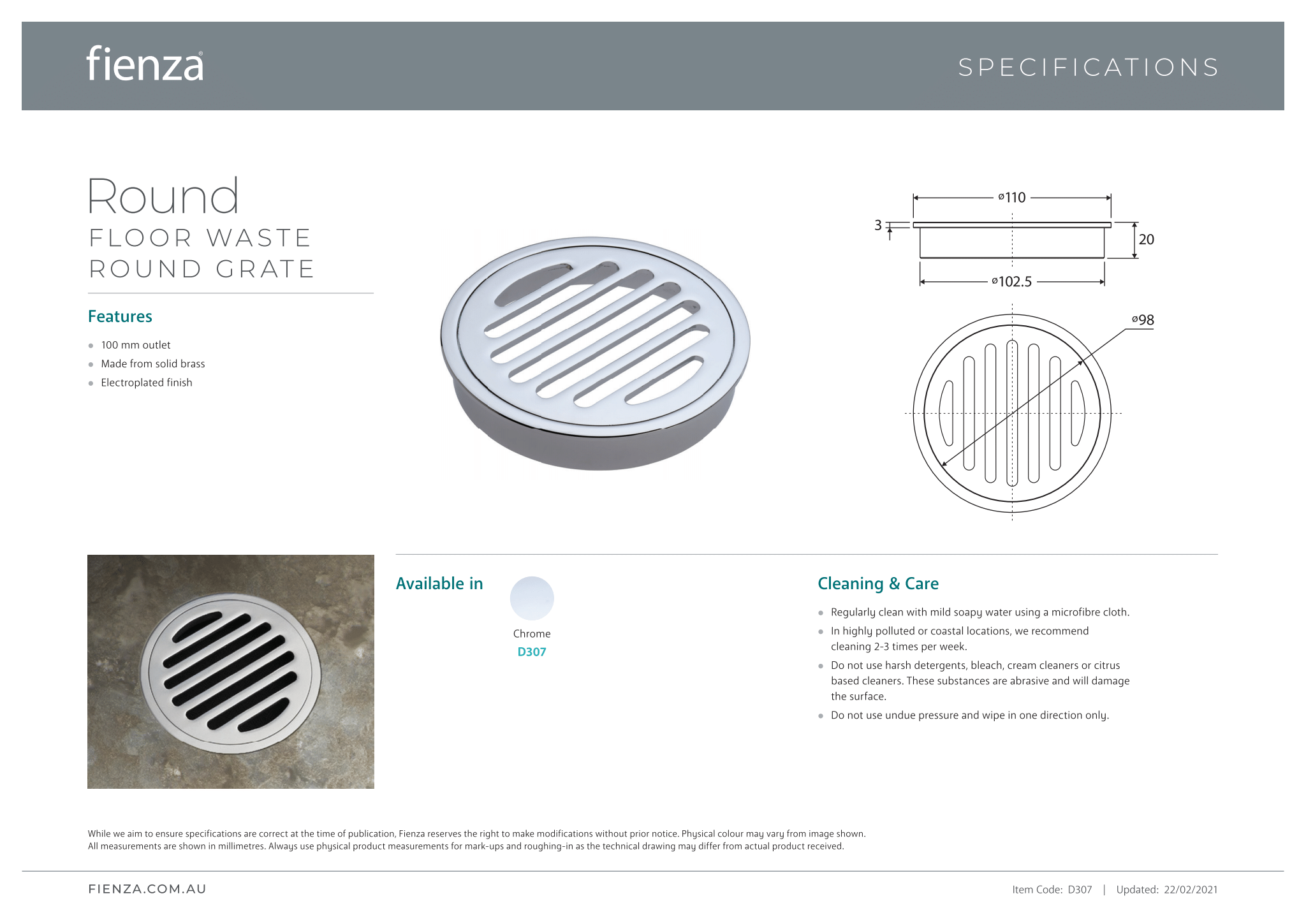 Fienza D307 100mm Chrome Round Floor Waste Drain with Round Grate - Bathroom Shower & Laundry Room Drainage Solution