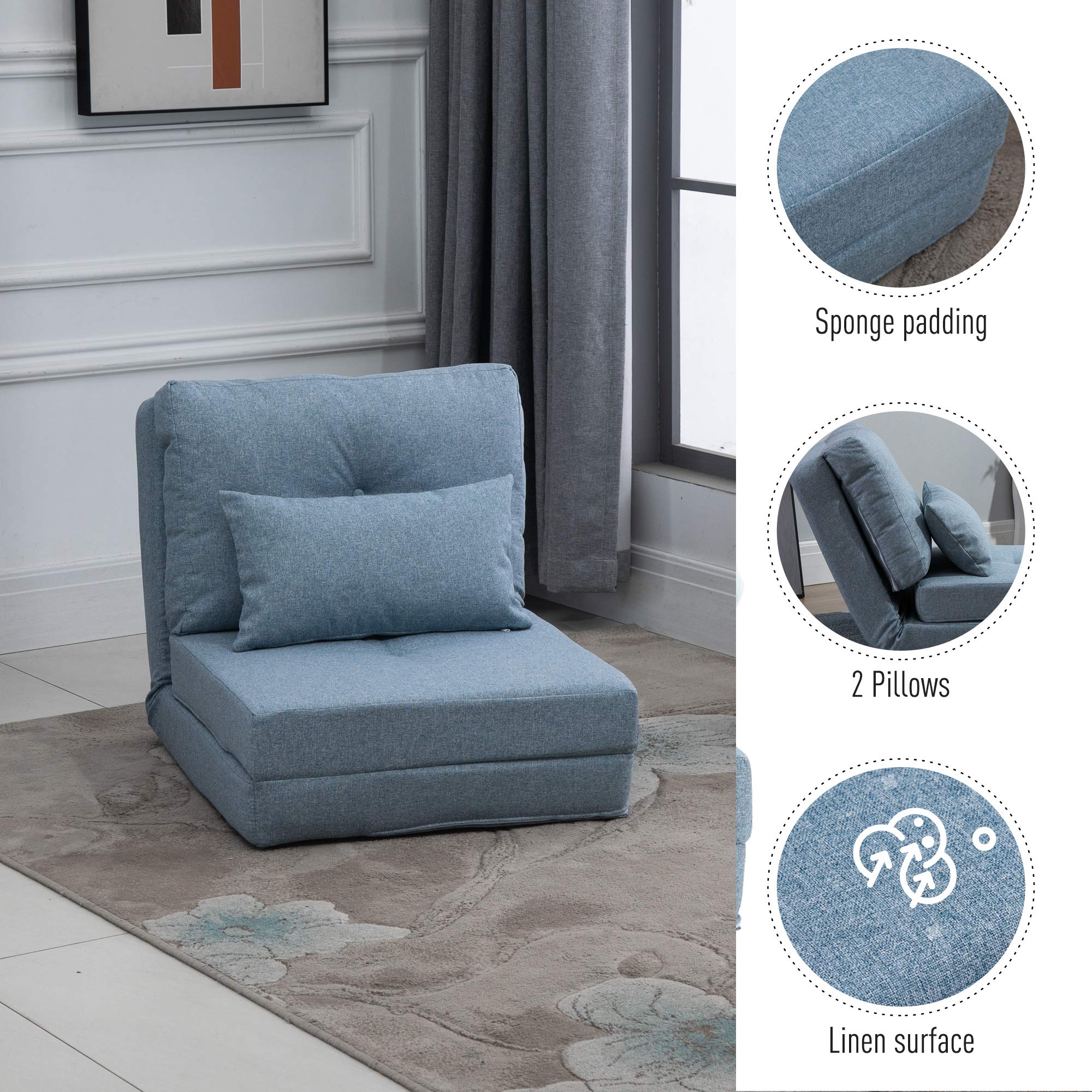 HOMCOM Convertible Flip Chair to Sofa Bed, Adjustable Backrest Folding Floor Lazy Couch with Metal Frame & Pillows - Blue Upholstered Furniture for Living Room, Bedroom, Small Space | Perfect for Lounging, Napping & Guest Sleeping