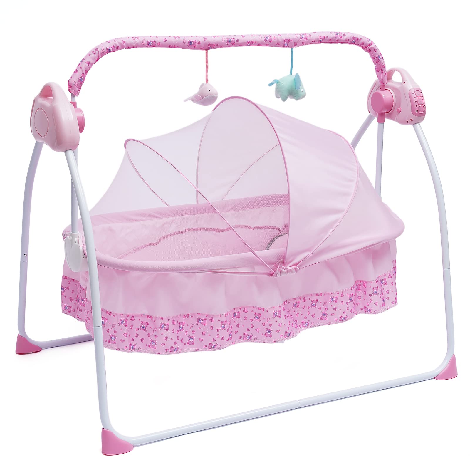 LOYALHEARTDY 3-Speed Electric Baby Cradle Swing with Remote Control - Auto Rocking Bassinet & Infant Sleeping Bed with Mosquito Net, Mat & Pillow for Newborns 0-18 Months (Pink) | Perfect for Nursery, Bedroom & Travel Use
