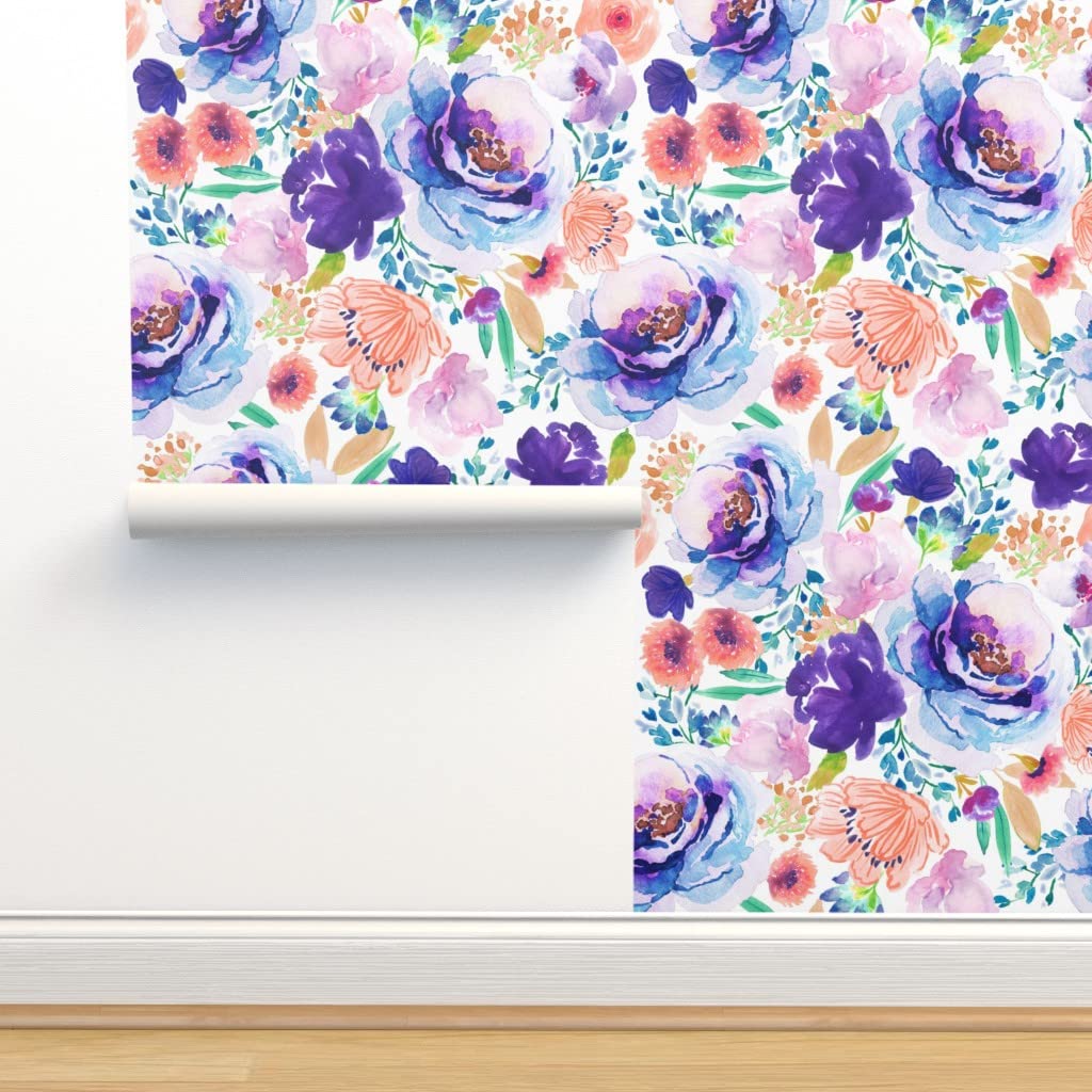 Premium Commercial Grade Wallpaper 27ft x 2ft - Bloom Violet Blossom Floral Pattern for Girls Room, Nursery, Baby Room Decor | Traditional Peel and Stick Wallpaper by Spoonflower | Perfect for Bedroom, Living Room, Dorm & Home Office Decoration