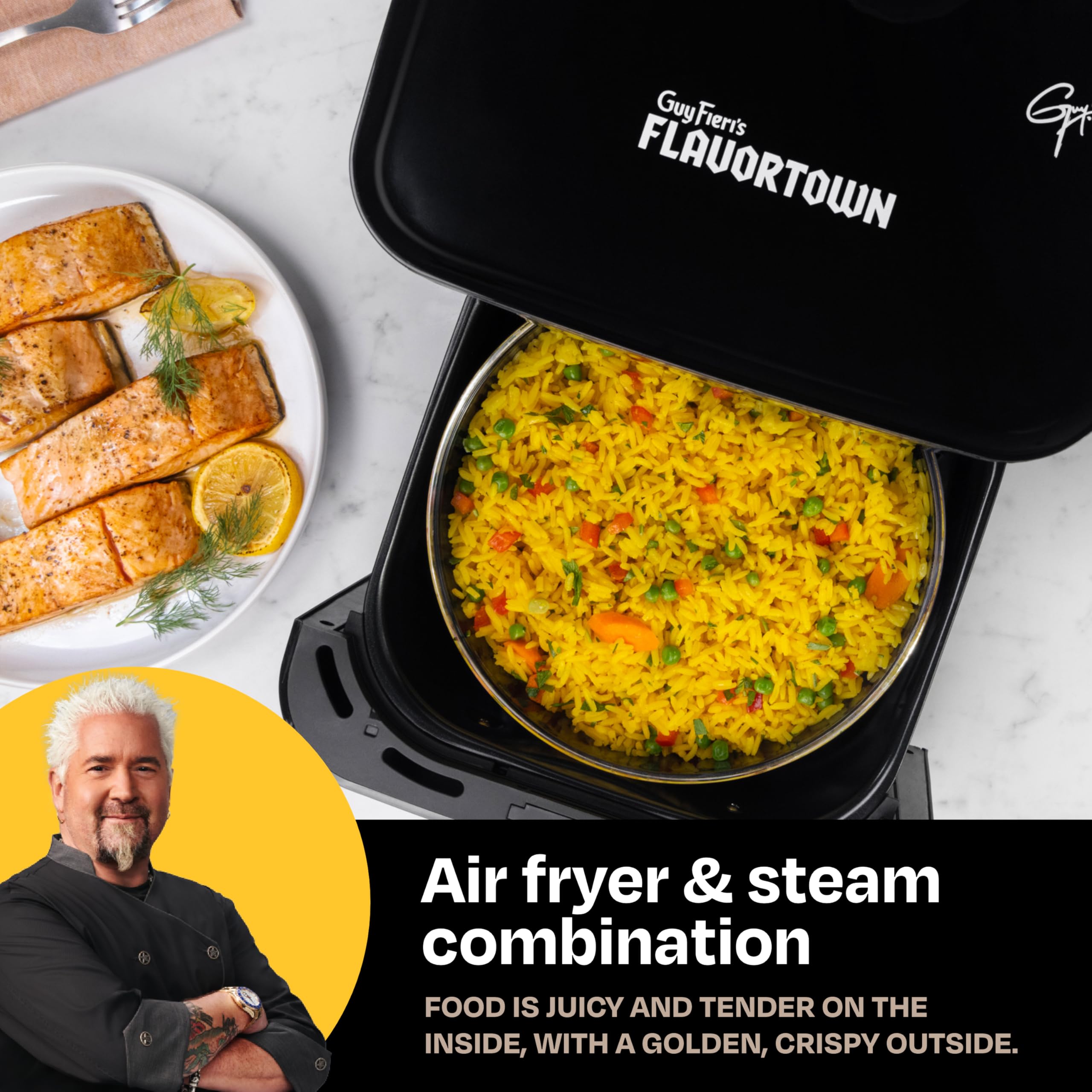 Guy Fieri's Flavortown 6.5 Quart Steam Air Fryer with Moisture Lock Technology – Programmable Steamer & Air Fryer Combo, 1700W, 10 Presets, Precise Temp Control – Perfect for Healthy Cooking, Crispy Snacks & Family Meals
