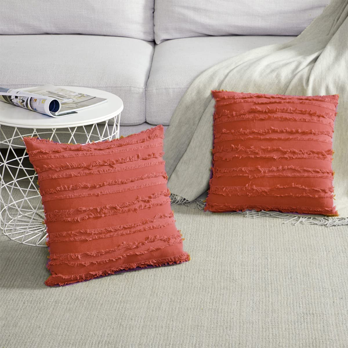 GIGIZAZA 16x16 Decorative Throw Pillow Covers - Coral Red Square Couch Pillow Covers, Cotton Boho Sofa Cushion Covers for Living Room, Bedroom & Outdoor Decor