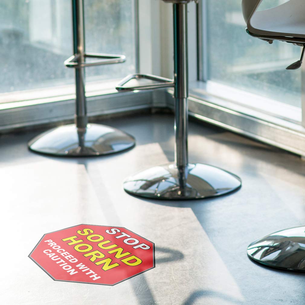 Red Anti-Slip Stop Floor Decals - 36 Inch Round Industrial Safety Signs with Sound Horn Warning | Caution Proceed Stickers for Warehouse, Factory & Construction Site Safety