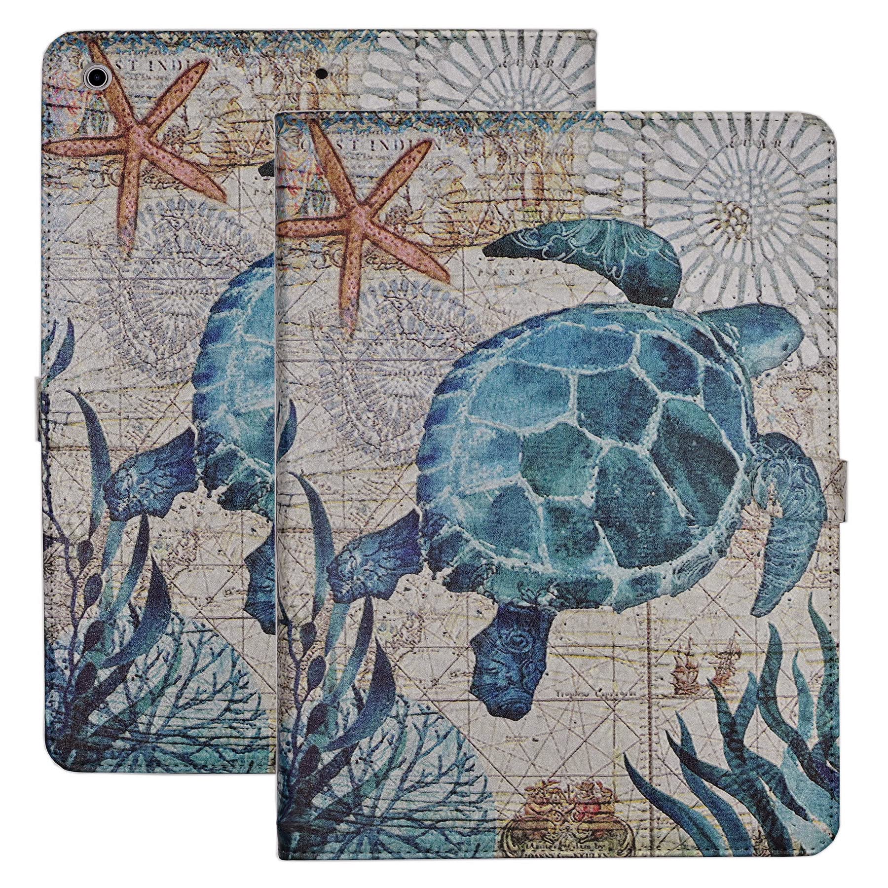 YHB iPad 10.2 inch Case (9th/8th/7th Generation 2021/2020/2019) - Ocean Theme PU Leather Stand Cover with Multiple Viewing Angles & Soft TPU Protection - Sea Turtle Design - Perfect for Work, Study, and Travel