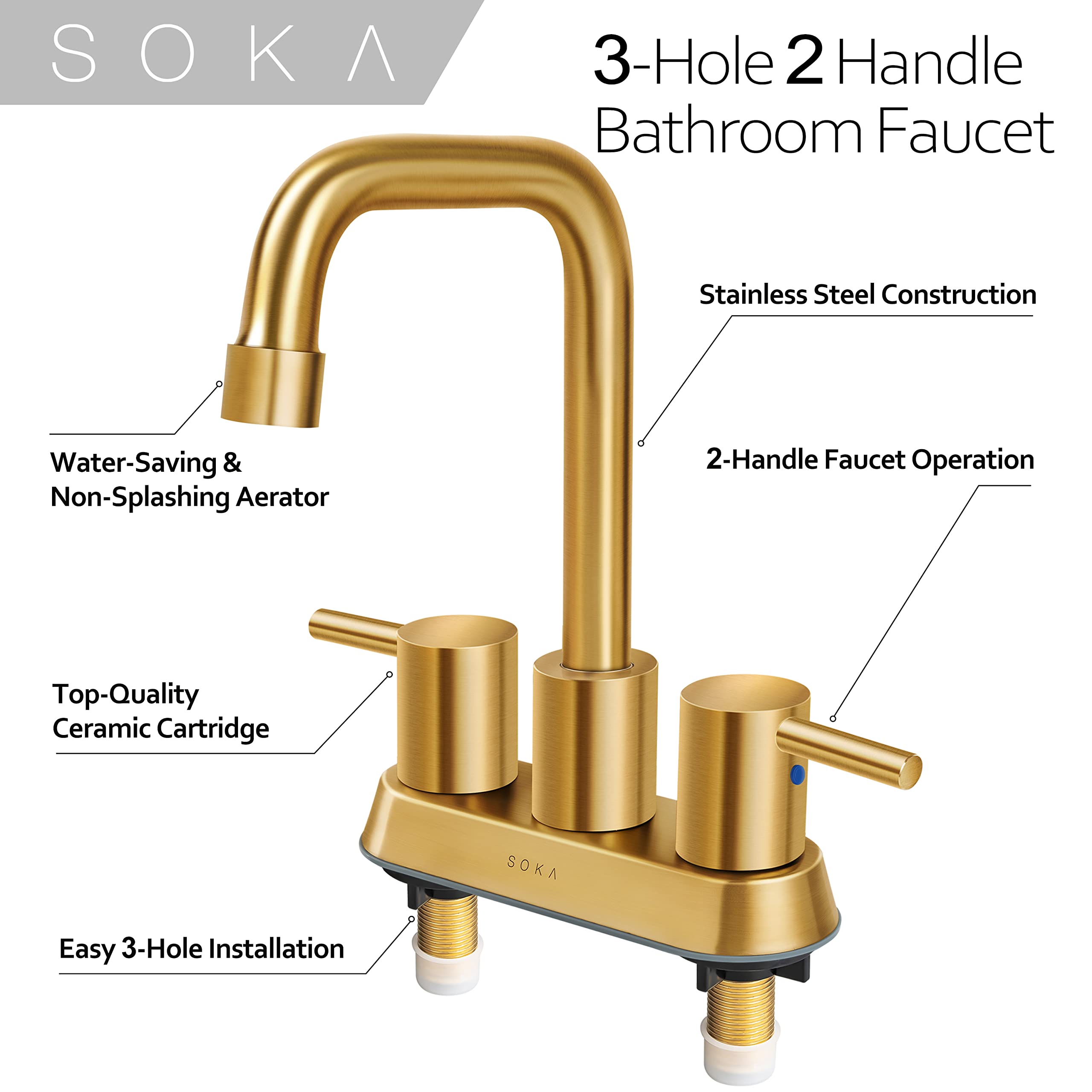 SOKA 4 Inch Centerset Bathroom Faucet - 2 Handle Commercial Hand Sink Touch Faucet with Gooseneck Spout in Gold Finish - Perfect for Restaurant, Salon, and Public Restroom Sinks