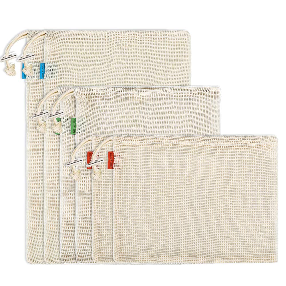 **Eco-Friendly Reusable Produce Bags - 6 Pack Washable Cotton Mesh Grocery Bags for Fruits, Vegetables, Bulk Food & Toys - Drawstring Closure (Light Yellow) | Perfect for Farmers Market, Shopping & Zero Waste Lifestyle**