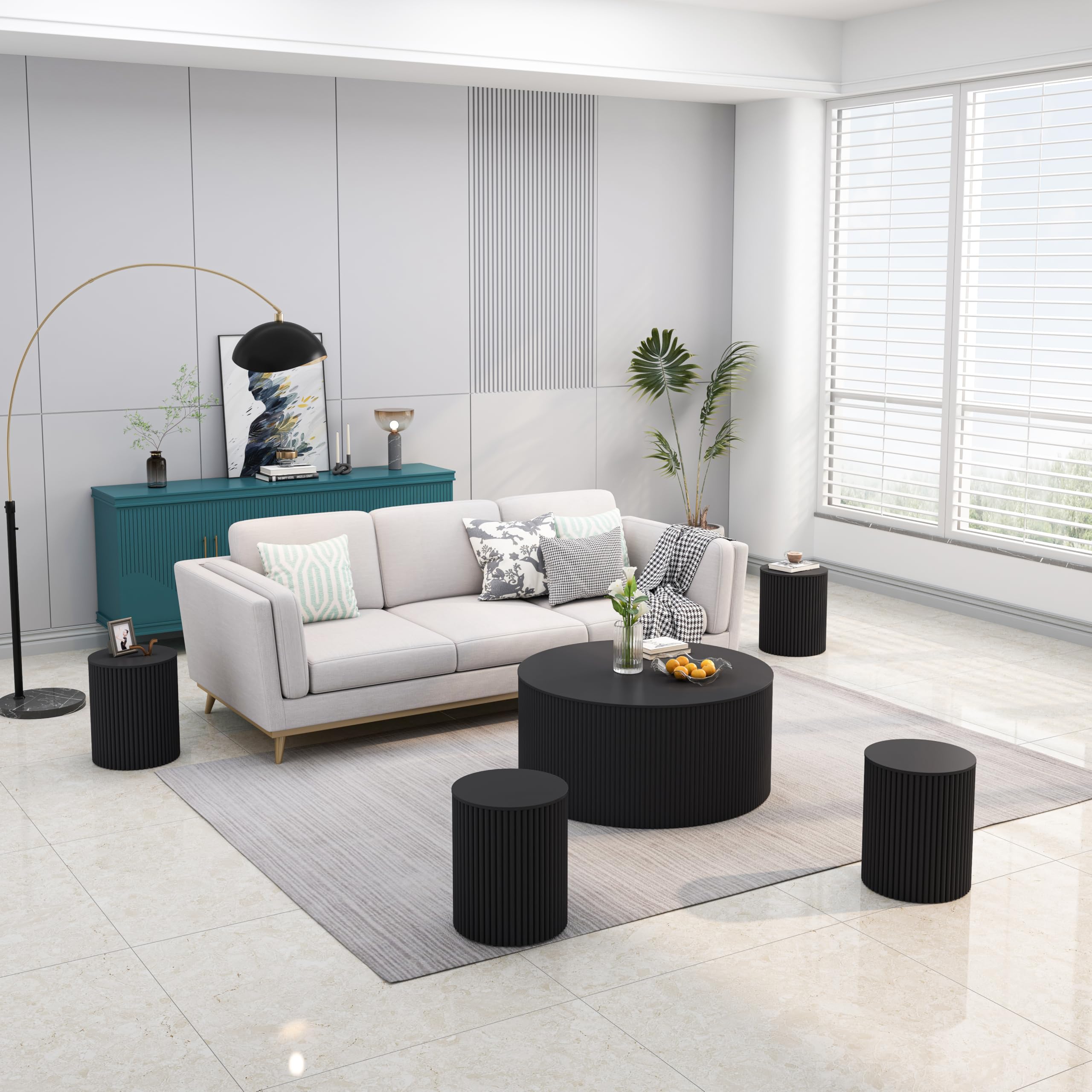 5-Piece Round Wood Coffee Table Set with Storage - Modern Drum Circle End Tables for Living Room & Bedroom - Black - Perfect for Small Spaces & Home Decor