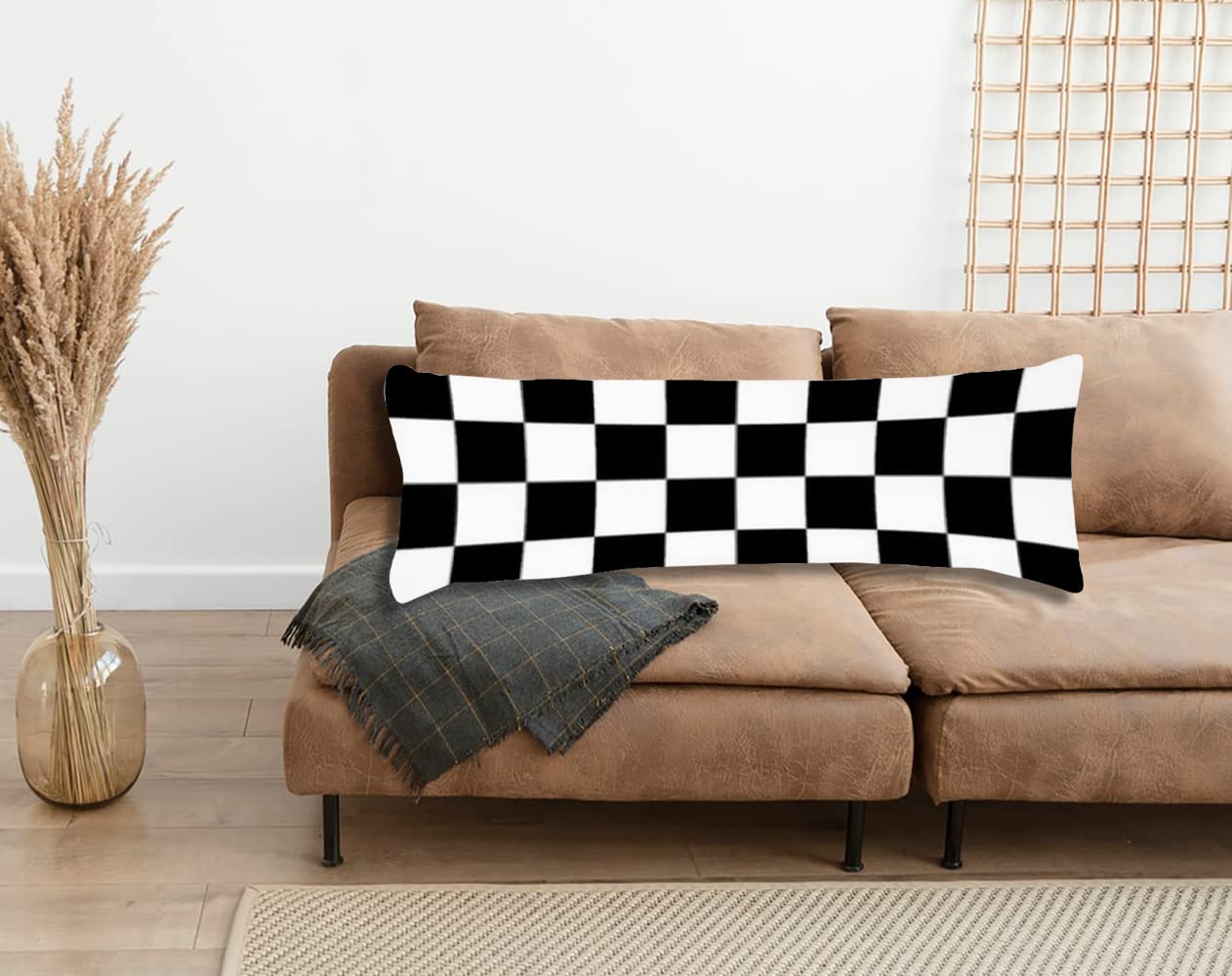 Black and White Checkered Flag Body Pillow Cover - 20x54 Inch Racing Car Theme Pillowcase with Hidden Zipper - Perfect for NASCAR Fans, Auto Racing Decor, and Gaming Room Accessories