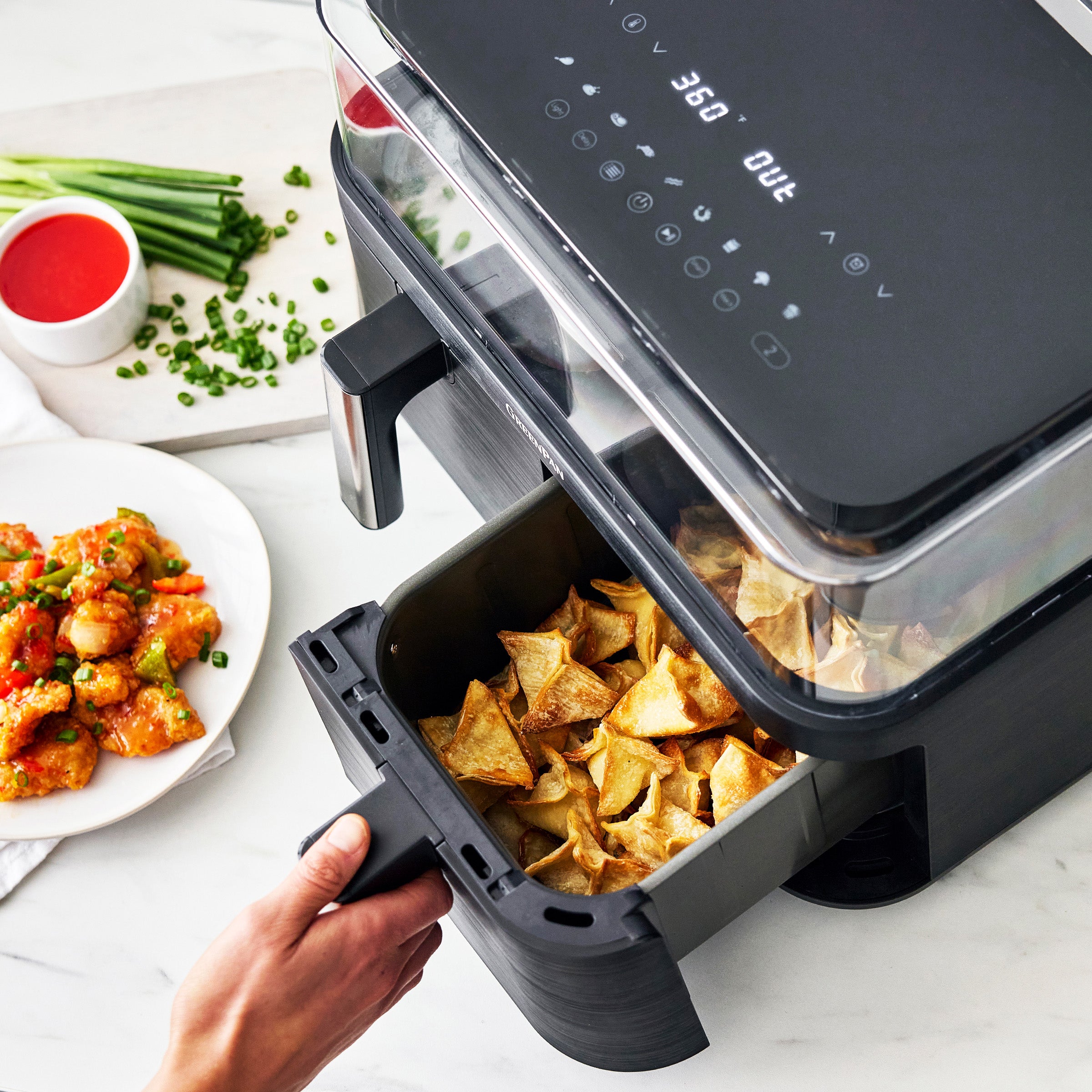 Bistro 10 Quart 360˚ Clear View Double Air Fryer - Large Capacity Air Fryer for Family Cooking, Healthy Oil-Free Frying - Perfect for Roasting, Baking, Grilling & Reheating Food