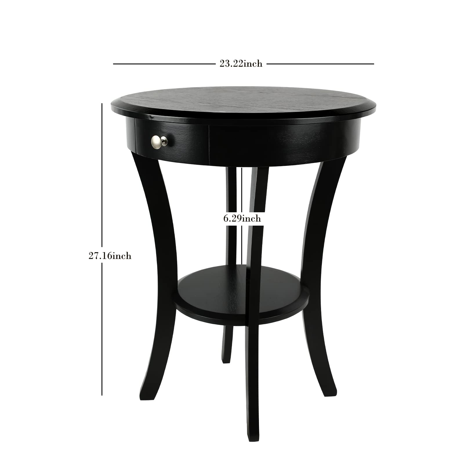 ECOMEX Round End Table with Drawer and Shelf - Solid Wood Side Table in Retro Country Classic Style - Perfect as Living Room Accent Table, Record Player Stand & Bedside Nightstand (Black)