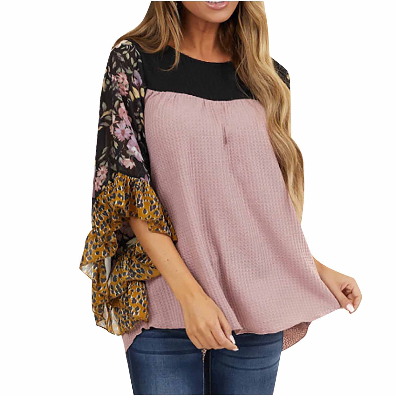 Plus Size Women's Fall Tops - Color Block 1/4 Batwing Sleeve Chiffon Stitching Sweatshirt & Waffle Peplum Babydoll Blouse | Casual Outfits, Office Wear & Autumn Layering