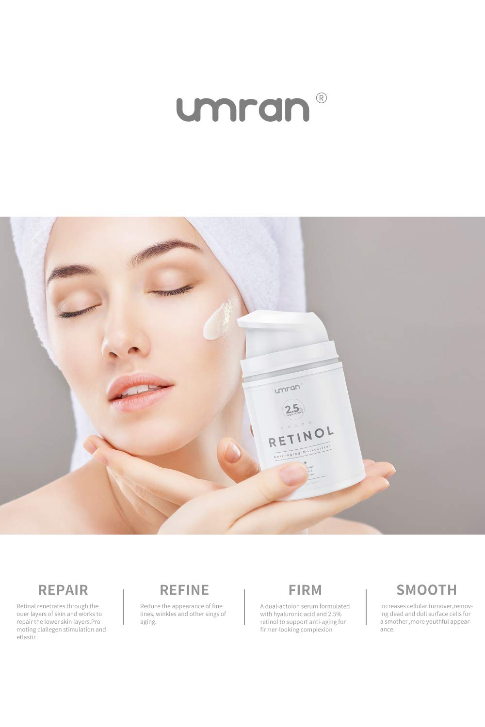 Umran Premium Retinol Cream 2.5% - Anti-Aging Face & Eye Moisturizer with Hyaluronic Acid, Vitamin E & Green Tea - Day & Night Wrinkle Treatment Cream (50ml/1.7 Fl Oz) for Dry Skin & Fine Lines Reduction