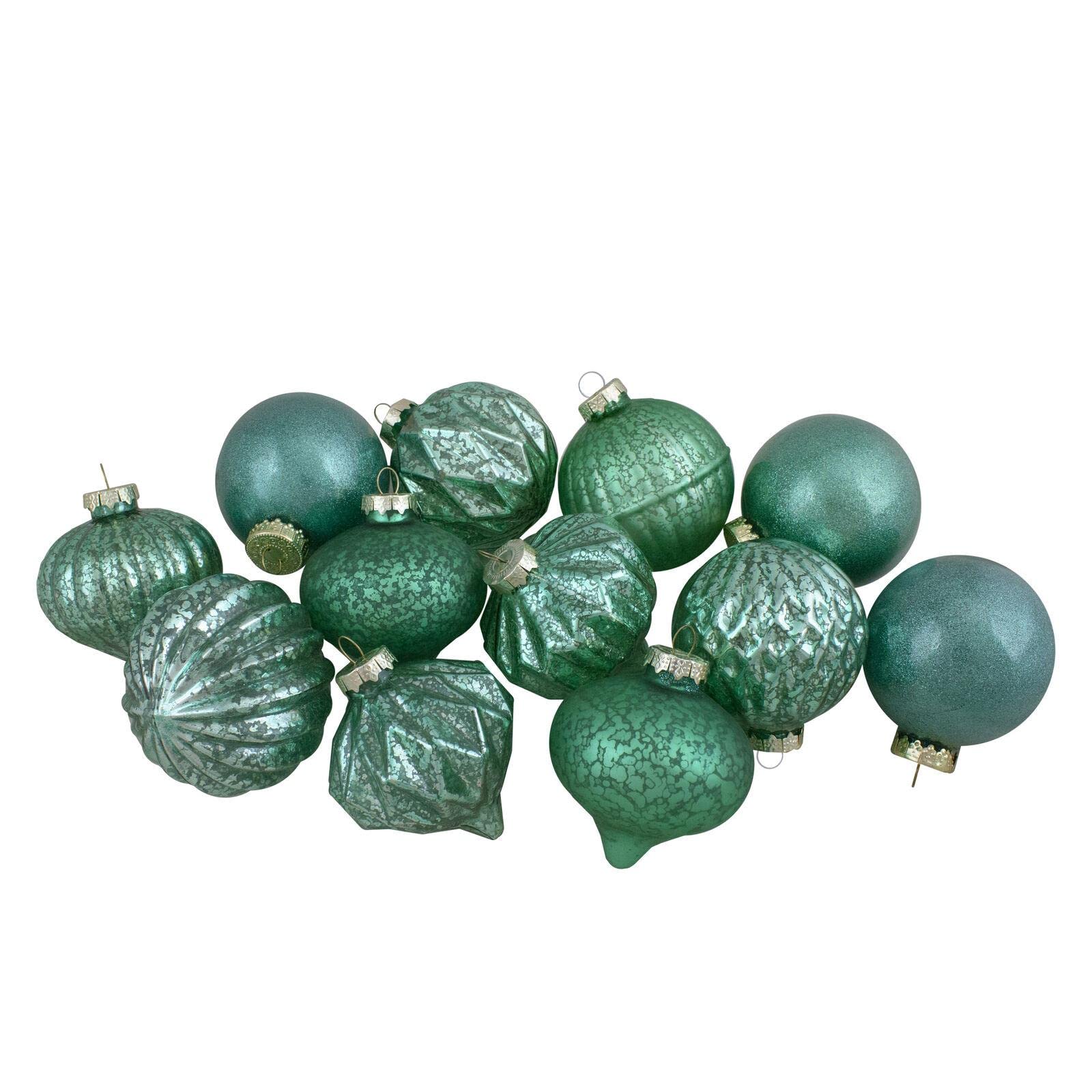 12-Piece Green Finial & Glass Ball Christmas Ornament Set - Elegant Holiday Tree Decorations for Xmas, Home, Party & Gift Giving