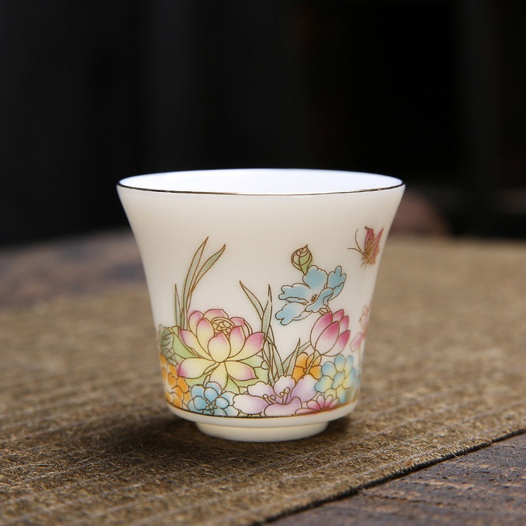 Premium White Porcelain Tea Tasting Cups 70ml - Handcrafted Blooming Flowers Design with Gold Detailing & Decal from Dehua, Fujian - Perfect for Chinese Tea Ceremony, Gift Giving & Home Decor
