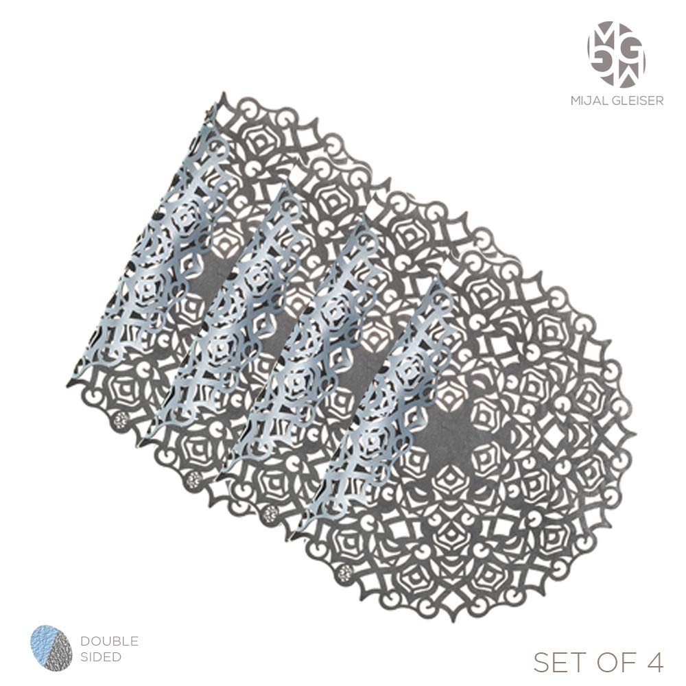 Mijal Gleiser Double Sided Laser Cut Placemats - Heat Resistant, Non Slip, Stain Proof - Set of 4 (Maya Collection Baby Blue & Lead Gray) - Perfect for Dining Table, Kitchen, Party & Home Decor