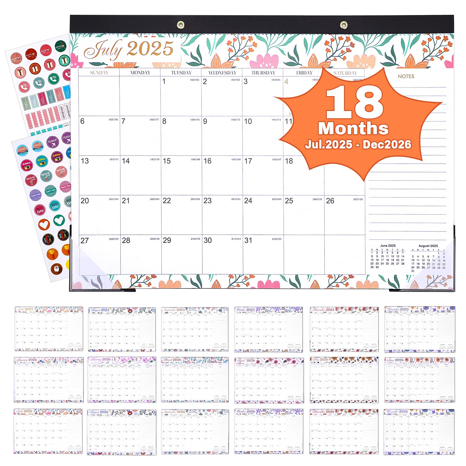2025-2026 18-Month Wall Calendar with Plastic Cover & Stickers | Large 17