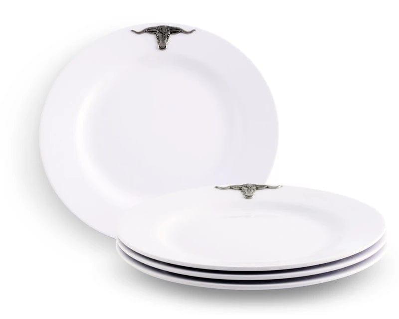 Premium White Melamine Dinner Plates Set of 10 with Stylish Pewter Longhorn Design - Perfect for Western-Themed Parties, BBQ Gatherings & Ranch-Style Home Decor