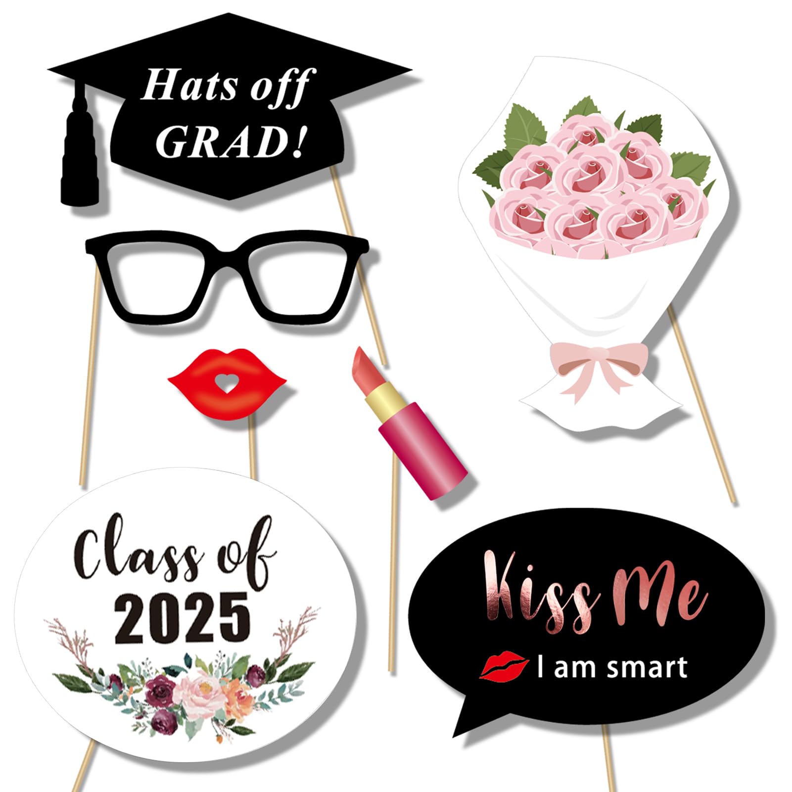 Rose Gold Graduation Photo Booth Props Kit - Class of 2025 Party Decorations with 39 Sticks | Perfect for Graduation Parties, Photo Booths & School Celebrations