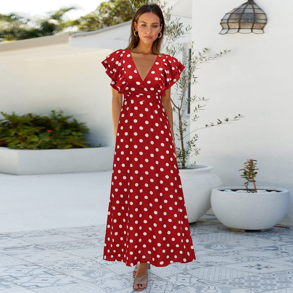 Women's Flowy Maxi Dress with Polka Dots - Short Ruffle Sleeves & Deep V Neck - High Waist Summer Long Dress for Beach, Vacation, and Casual Outings
