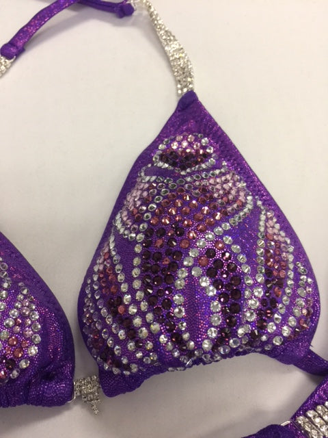 **Purple Bikini Competition Suit with Rhinestones - Triangle Padded Top for Women - Perfect for Bodybuilding, Fitness Shows & Beachwear**