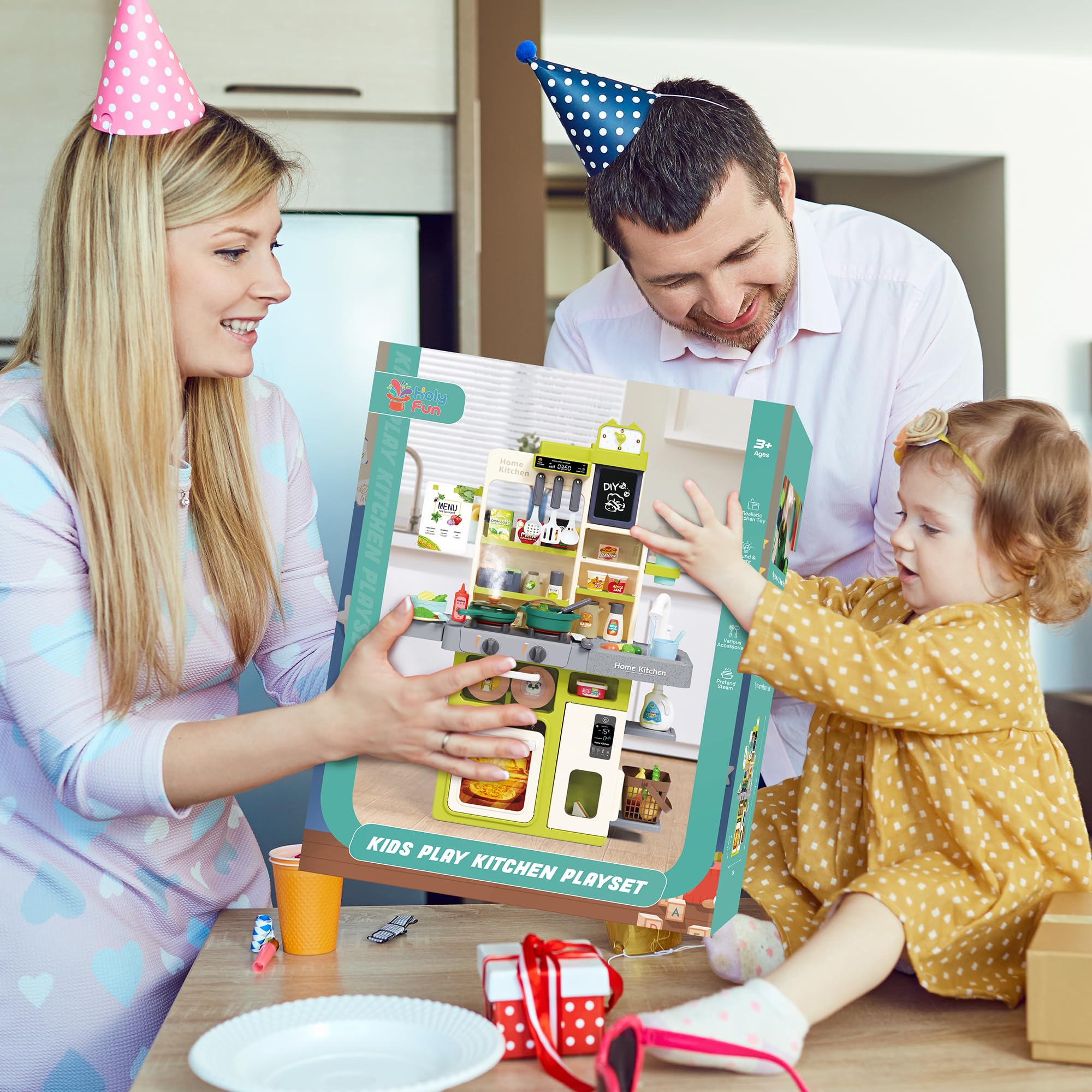 HOLYFUN Kids Kitchen Playset with Sounds, Lights, & Steam - Pretend Play Cooking Stove, Sink & Food - Green Toy Kitchen Set for Toddlers - Perfect for Home, Preschool & Playdates