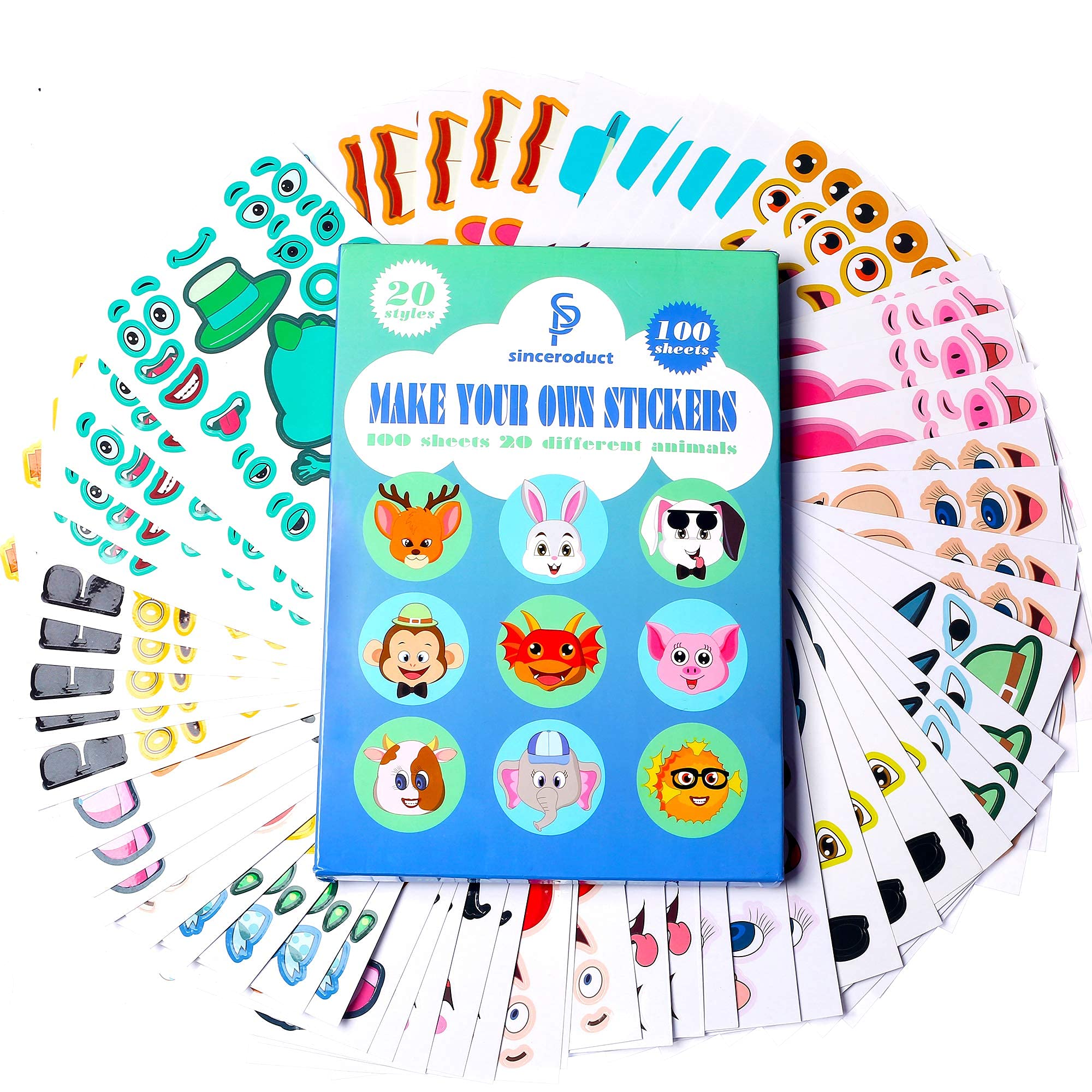 Sinceroduct Kids Stickers - 100 Pack Animal Face Stickers for Scrapbooking, DIY Crafts & School Projects (5 Sheets) - Fun Decals for Water Bottles, Laptops & Notebooks