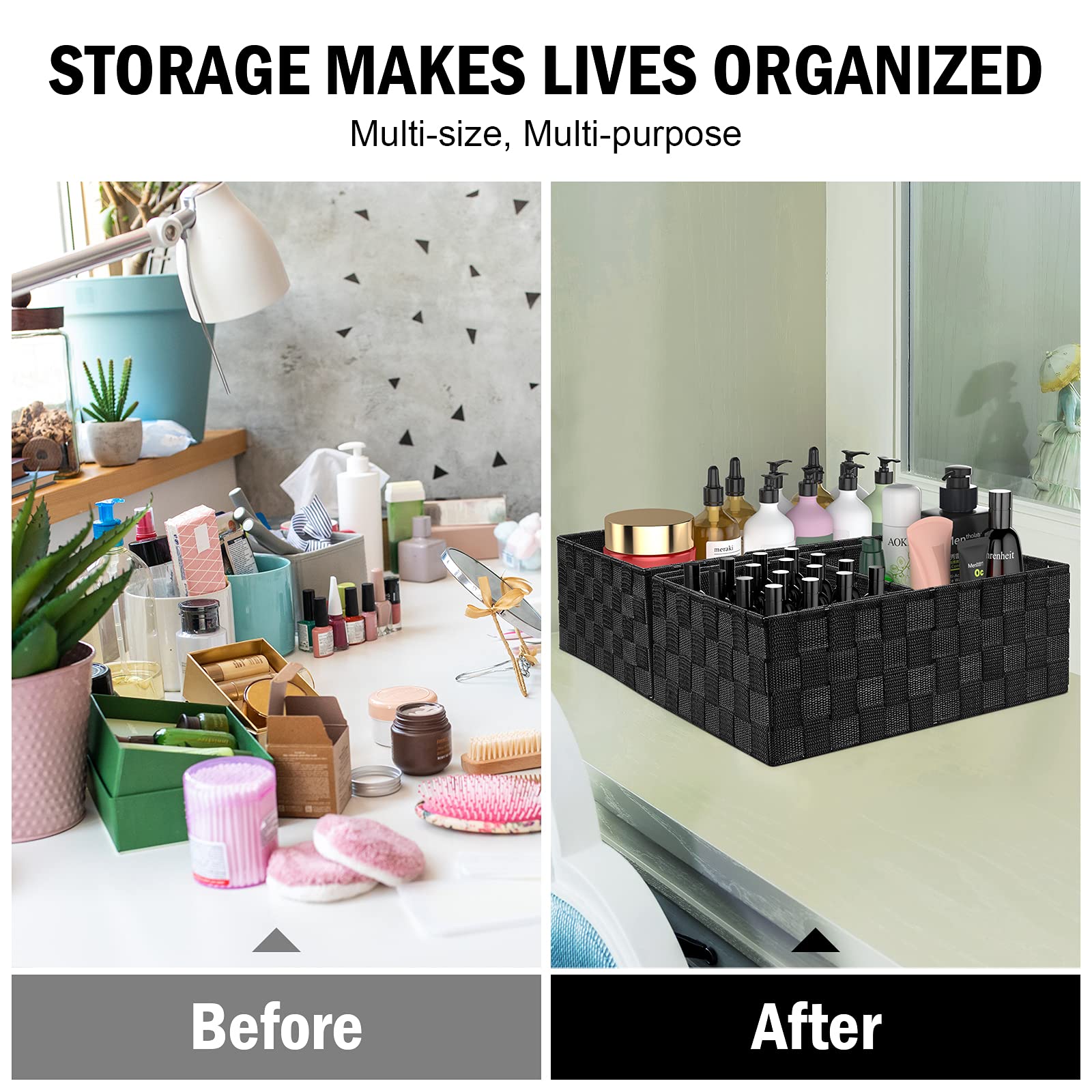 Premium Woven Storage Baskets Set of 6 - Black Fabric Cube Organizer Bins for Clothes, Shelves & Closet Organization | Perfect for Bedroom, Nursery & Home Decor Storage Solutions