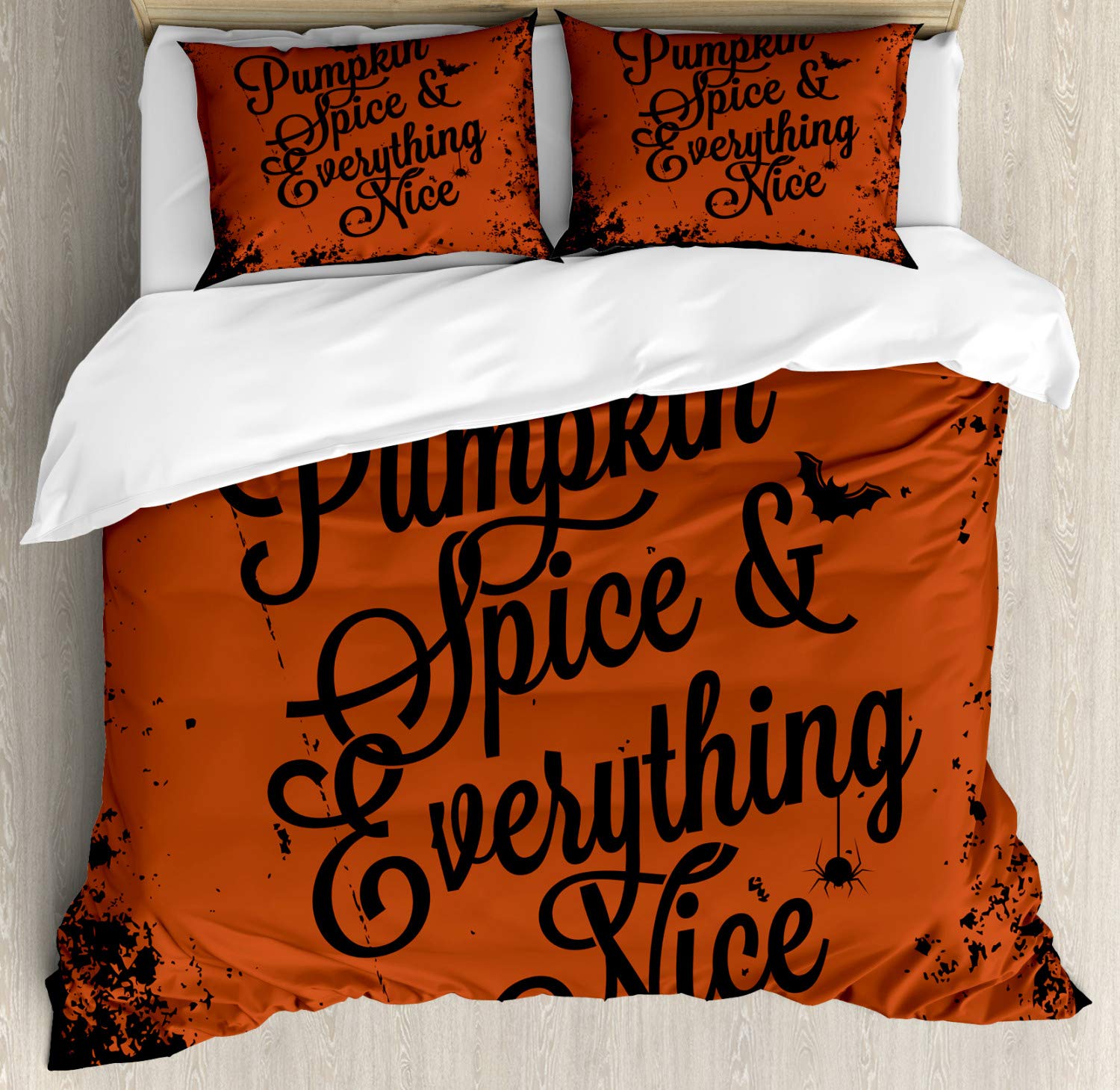 Ambesonne Pumpkin Spice Duvet Cover Set - Halloween Bats & Spiders Design with Grunge Frame - 3 Piece King Size Bedding Set with 2 Pillow Shams in Cinnamon Chestnut Brown - Perfect for Fall Decor & Spooky Seasonal Bedroom Makeover