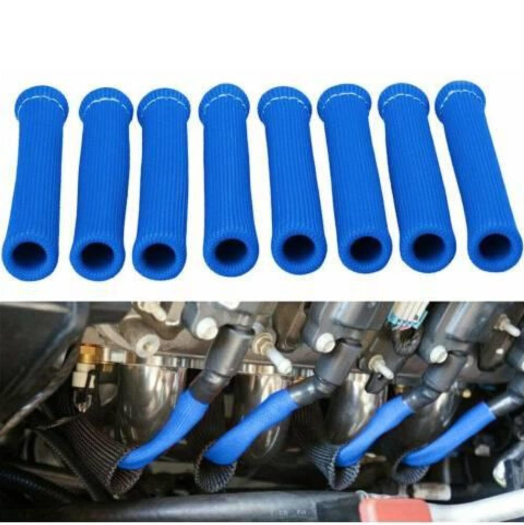 High Temp Spark Plug Wire Heat Shield Sleeve - 2500°F Protection, 8-Pack (Blue) | Durable Engine Wire Cover for Racing, Off-Road & Performance Vehicles