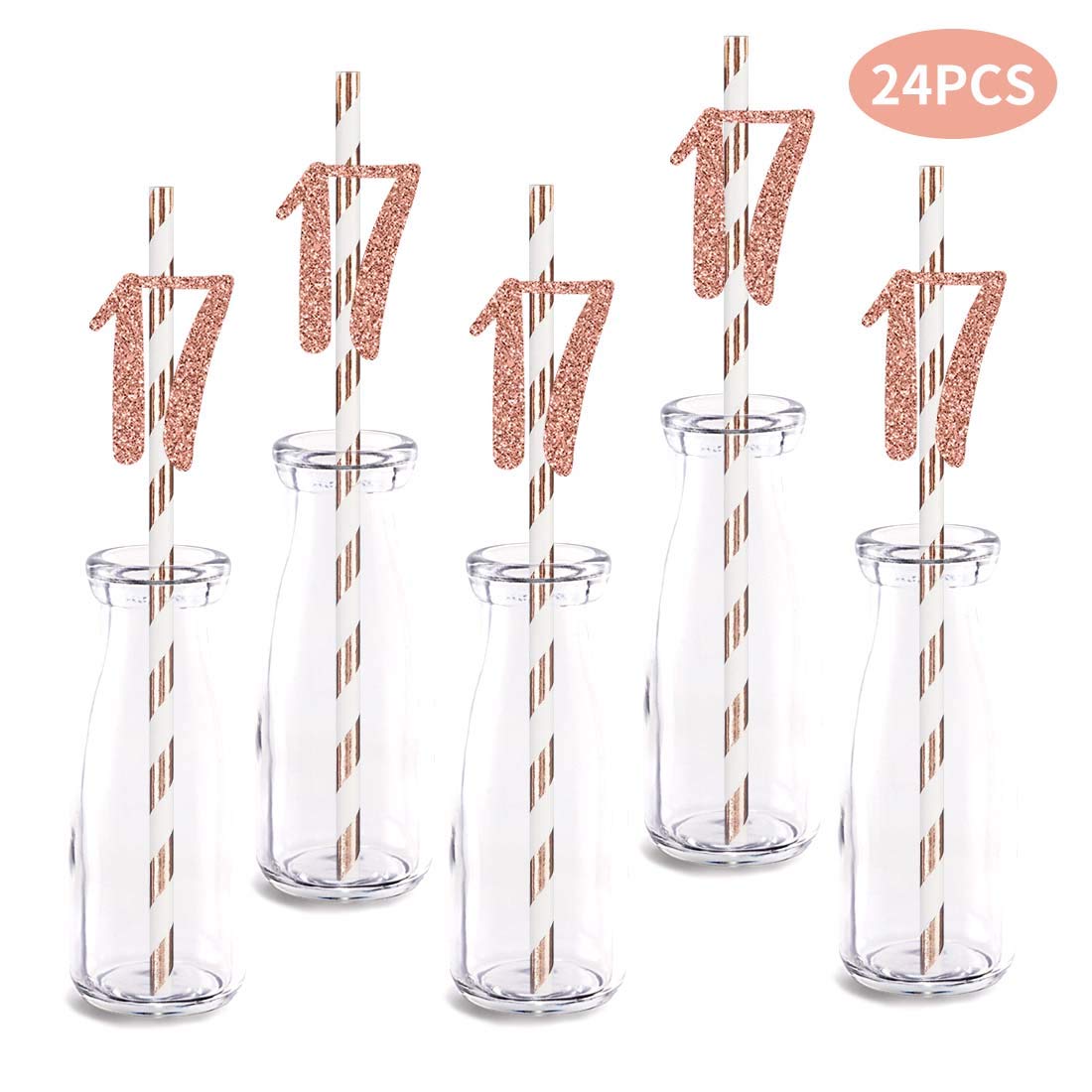 Rose Gold Glitter 17th Birthday Straw Decorations - 24pcs Cut-Out Number 17 Drinking Straws for Party Supplies | Perfect for Sweet 16, Quinceañera & Milestone Celebrations