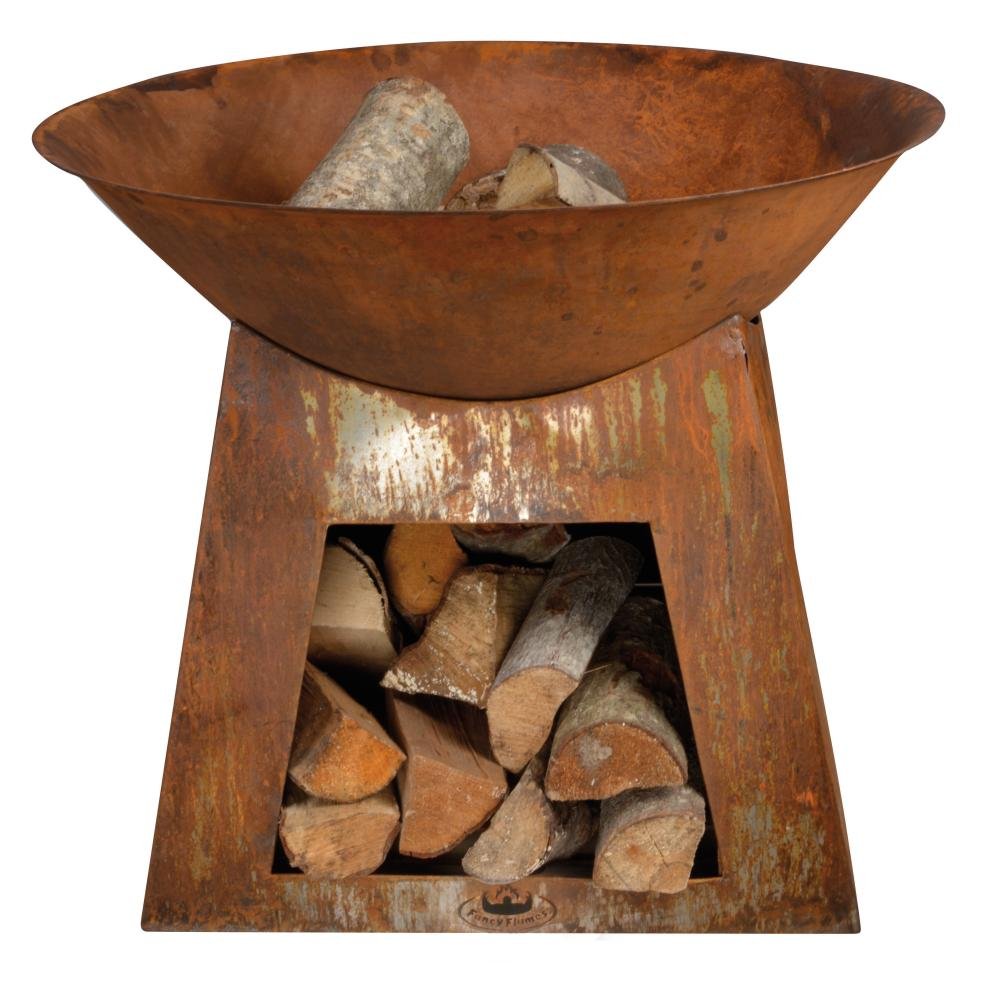 Esschert Design Small Fire Bowl with Wood Storage - Outdoor Fire Pit for Patio, Garden, and Backyard Gatherings